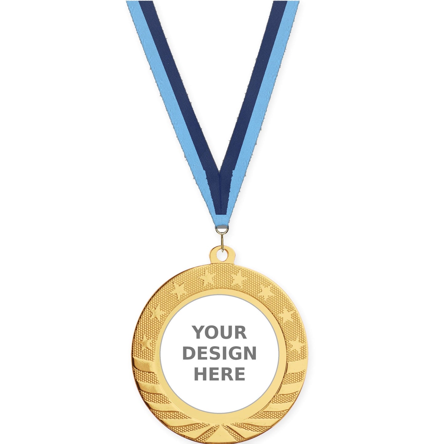 2 3/4 inch Starbrite insert medal in bright gold with Light Blue Navy neck ribbon
