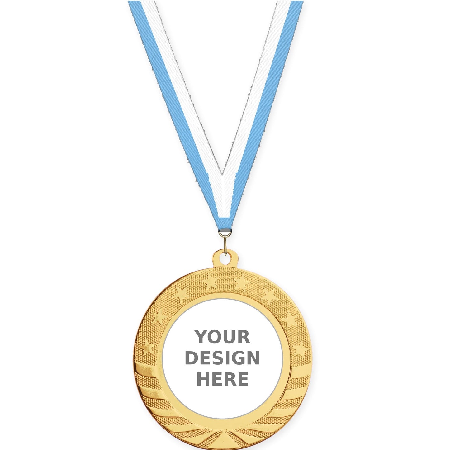 2 3/4 inch Starbrite insert medal in bright gold with Light Blue White neck ribbon
