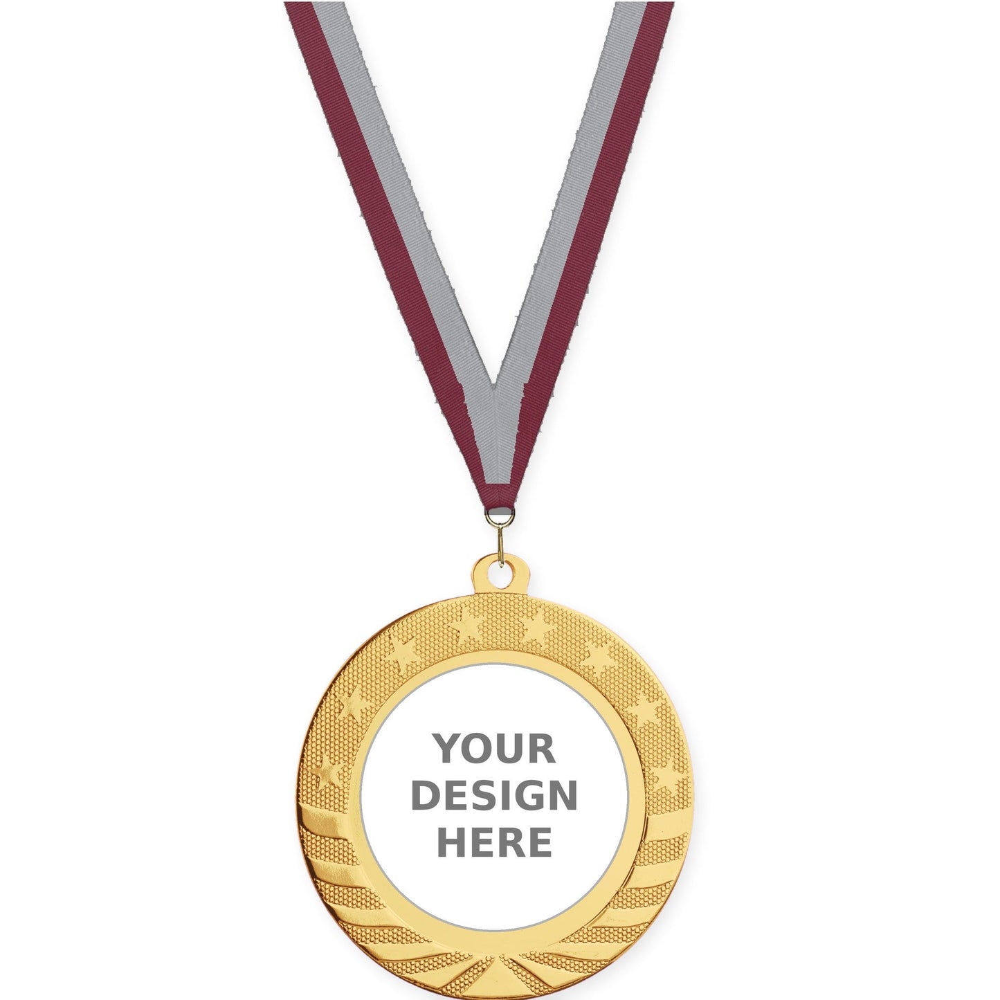 2 3/4 inch Starbrite insert medal in bright gold with Maroon Gray neck ribbon
