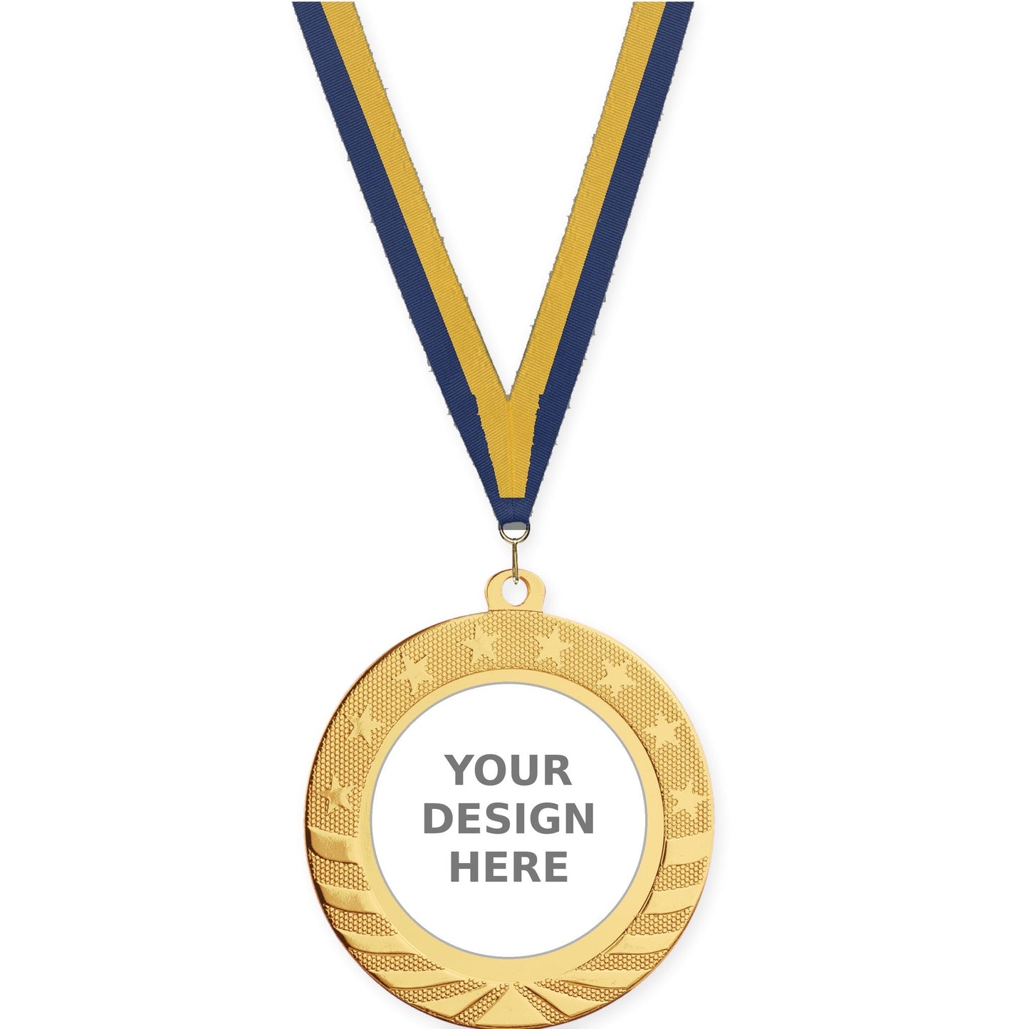 2 3/4 inch Starbrite insert medal in bright gold with Navy Gold neck ribbon