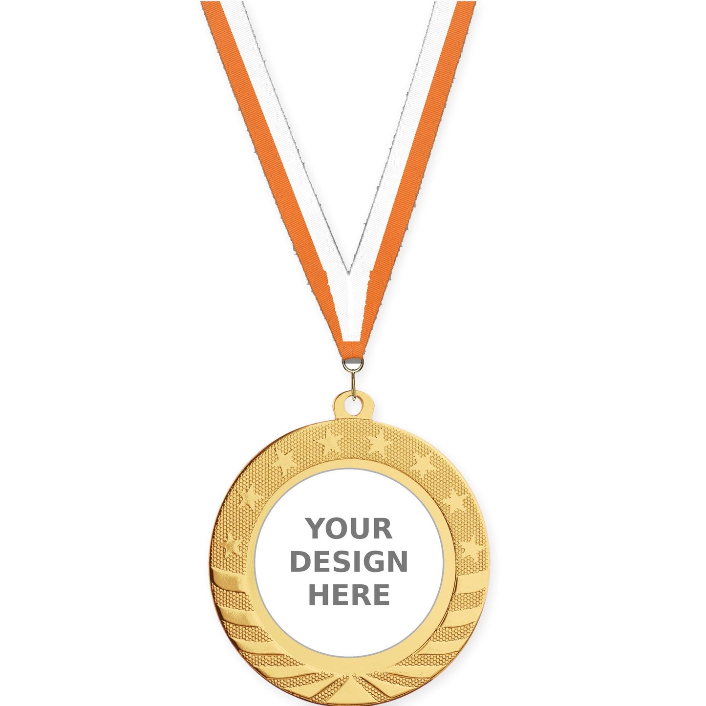 2 3/4 inch Starbrite insert medal in bright gold with Orange White neck ribbon