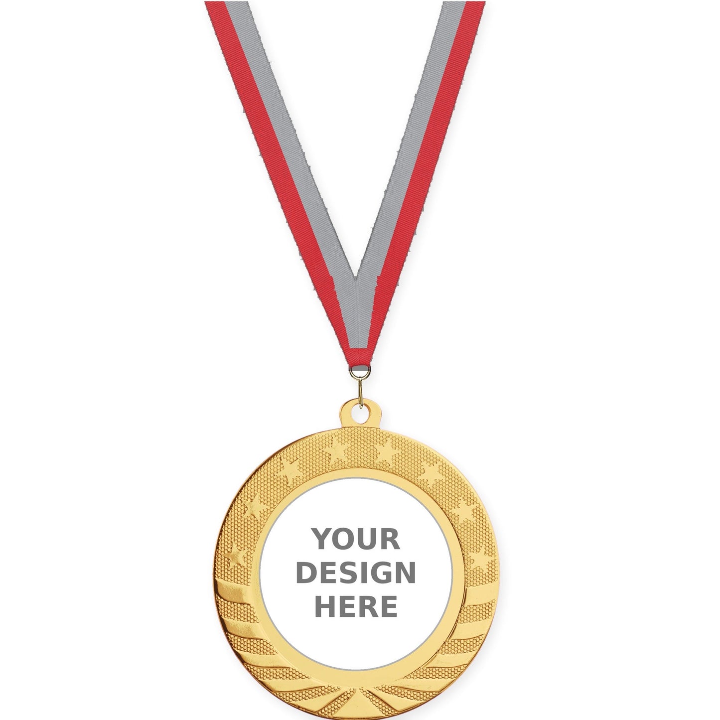 2 3/4 inch Starbrite insert medal in bright gold with Red Gray neck ribbon