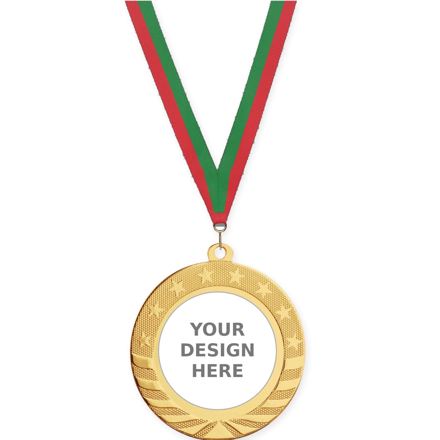 2 3/4 inch Starbrite insert medal in bright gold with Red Green neck ribbon