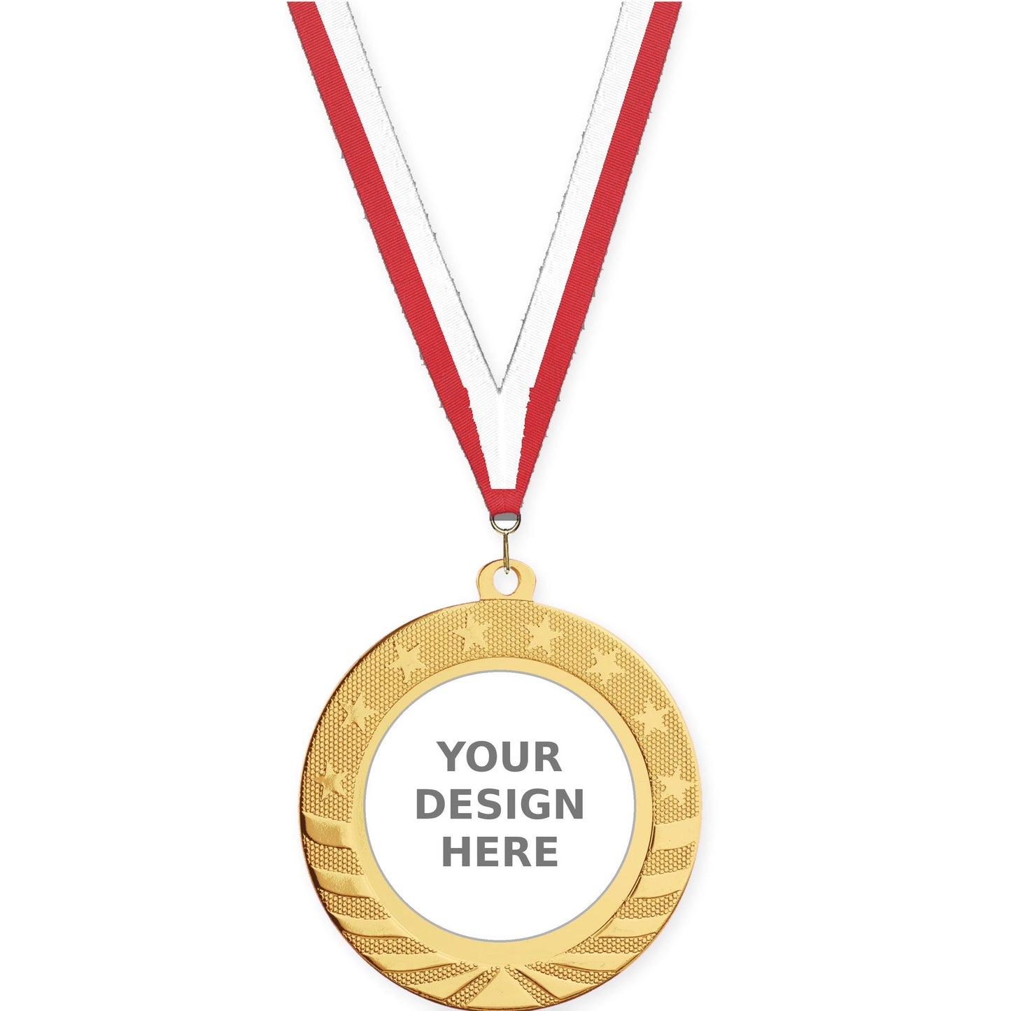 2 3/4 inch Starbrite insert medal in bright gold with Red White neck ribbon