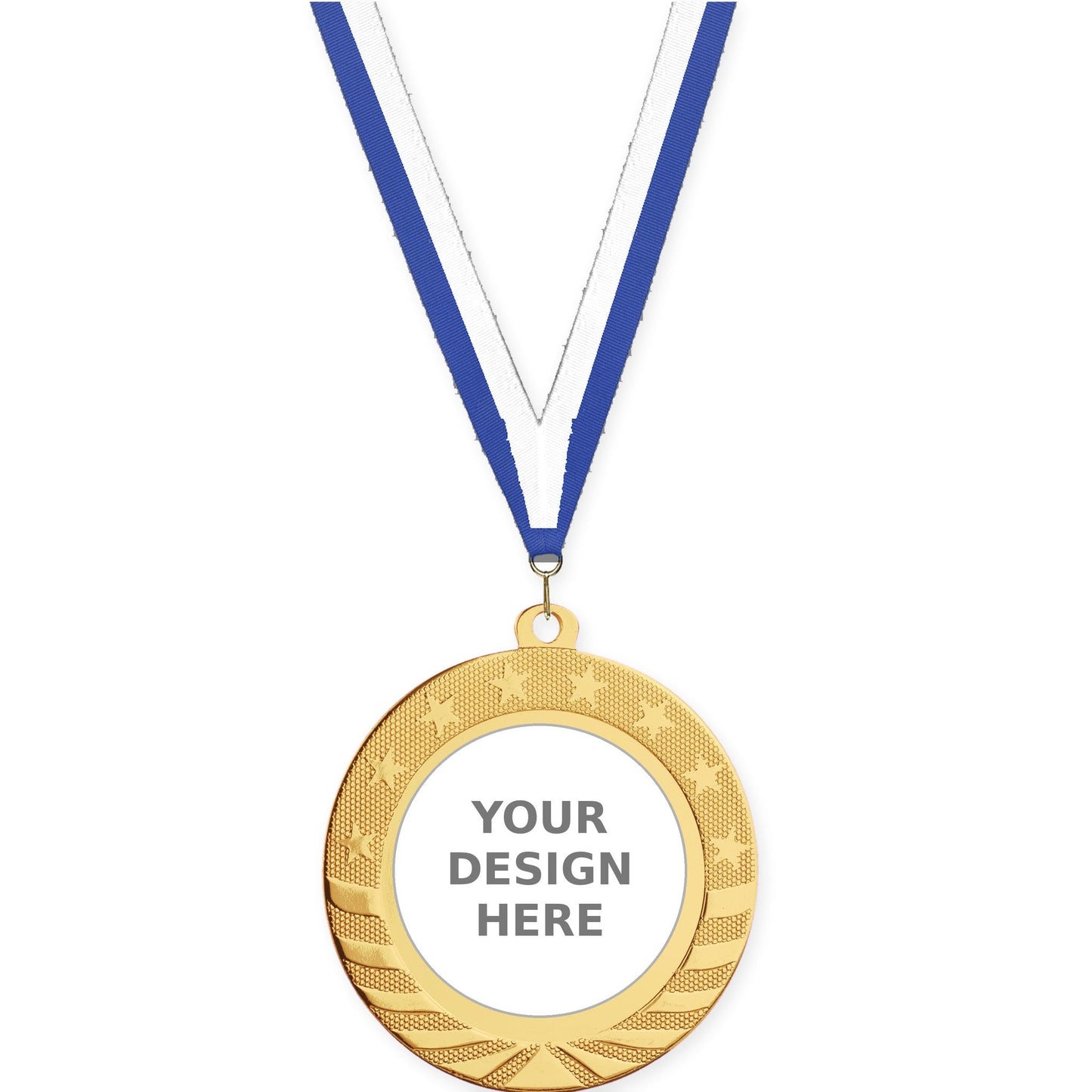 2 3/4 inch Starbrite insert medal in bright gold with Blue White neck ribbon