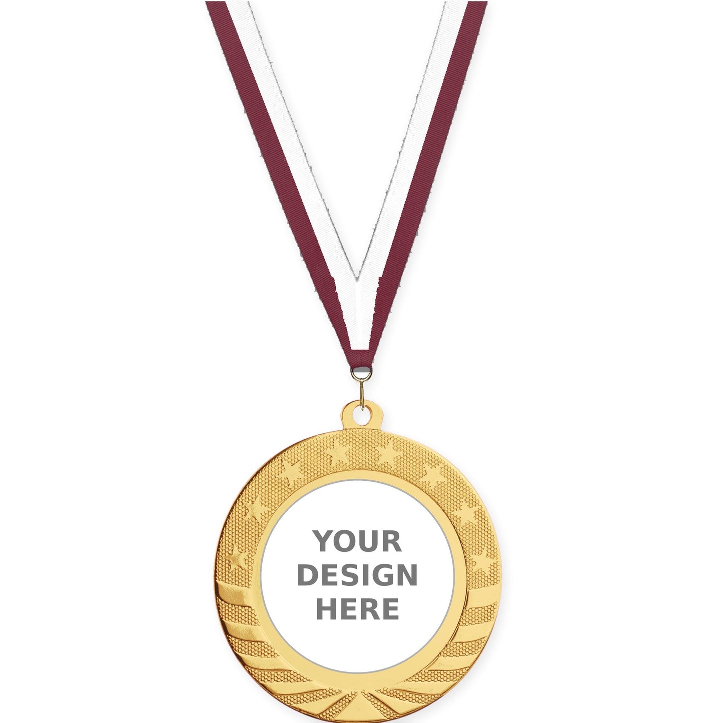 2 3/4 inch Starbrite insert medal in bright gold with Maroon White neck ribbon