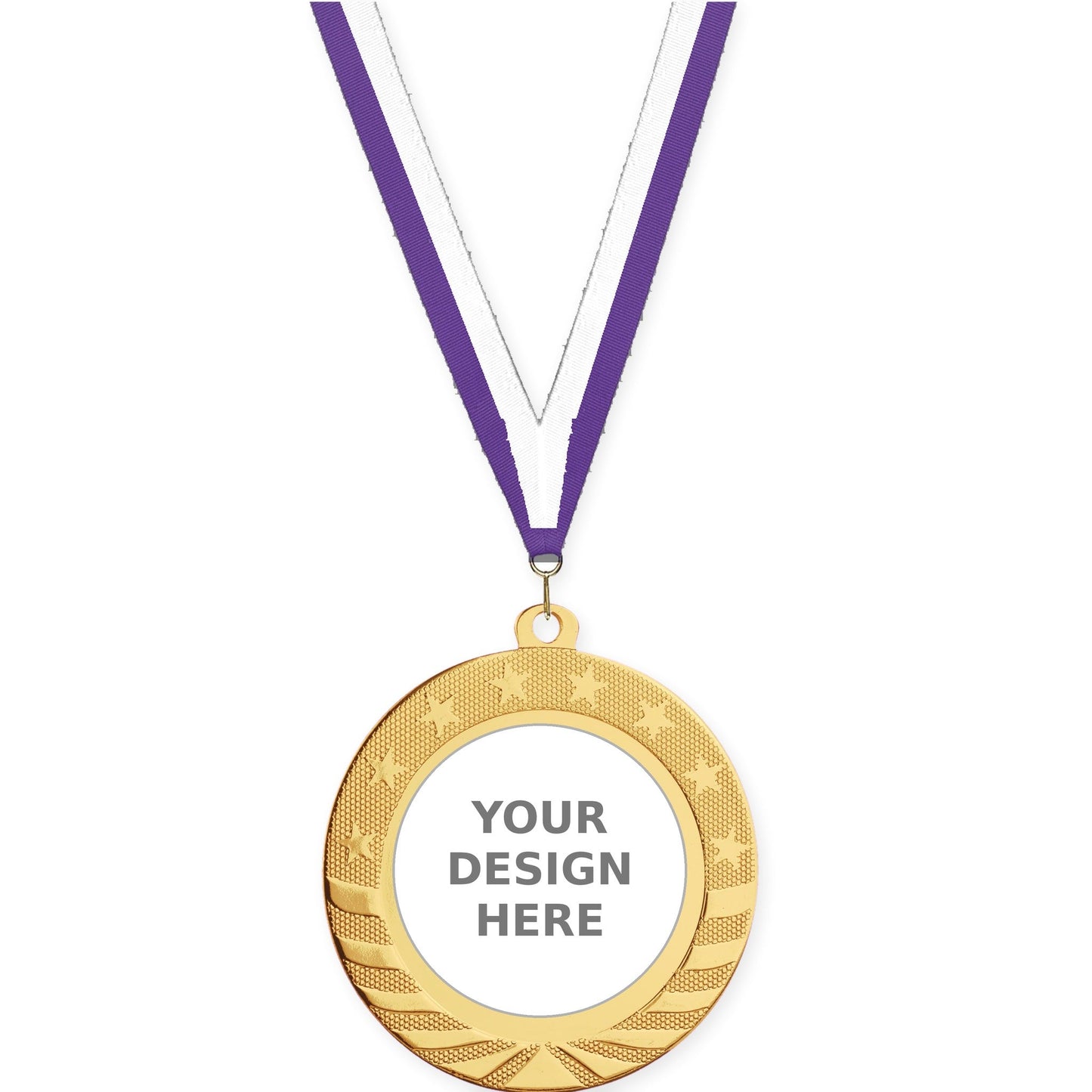 2 3/4 inch Starbrite insert medal in bright gold with Purple White neck ribbon