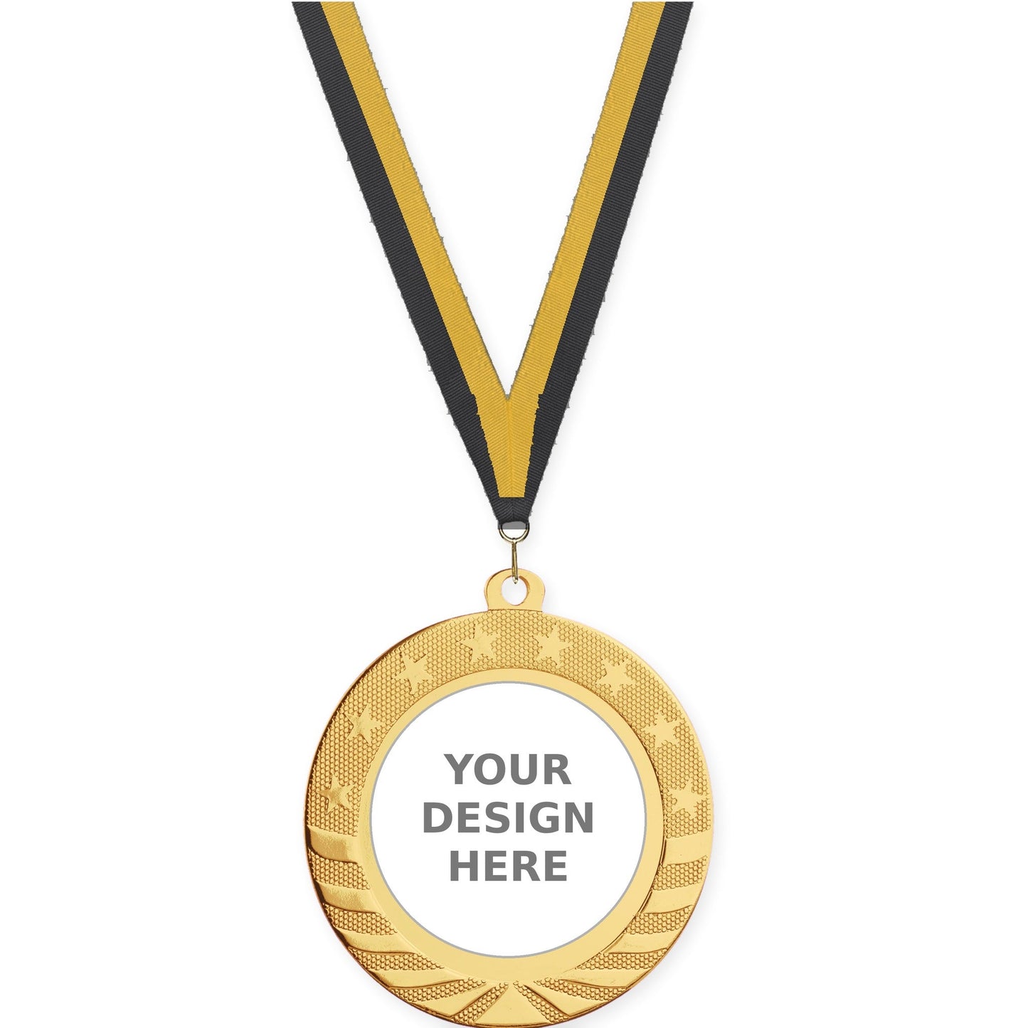 2 3/4 inch Starbrite insert medal in bright gold with Black Gold neck ribbon