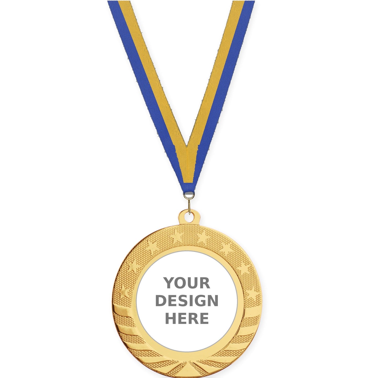 2 3/4 inch Starbrite insert medal in bright gold with Blue Gold neck ribbon