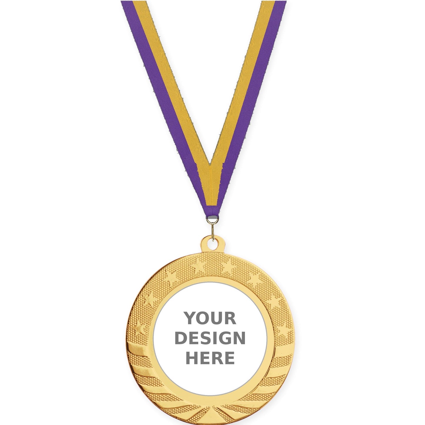 2 3/4 inch Starbrite insert medal in bright gold with Purple Gold neck ribbon