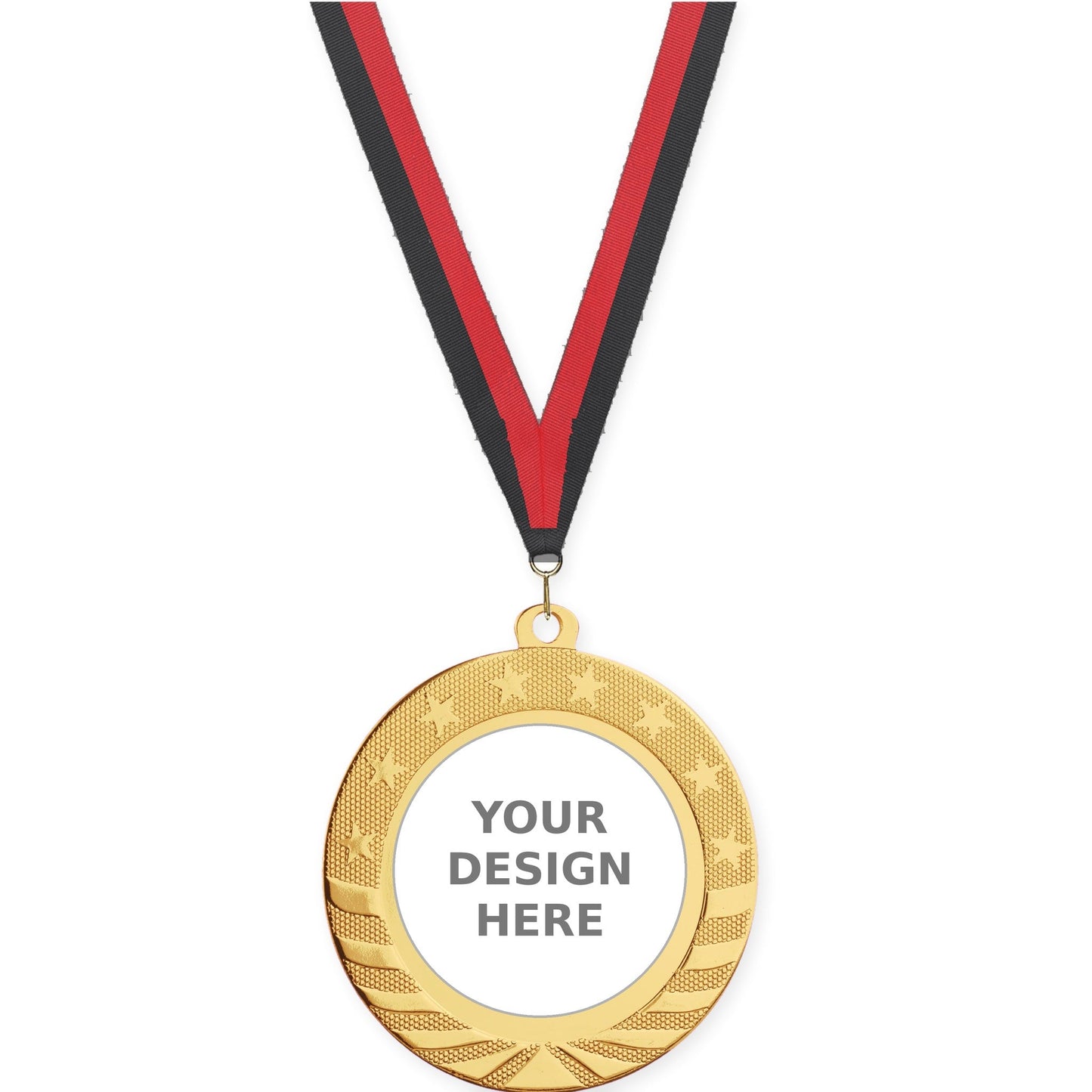 2 3/4 inch Starbrite insert medal in bright gold with Black Red neck ribbon