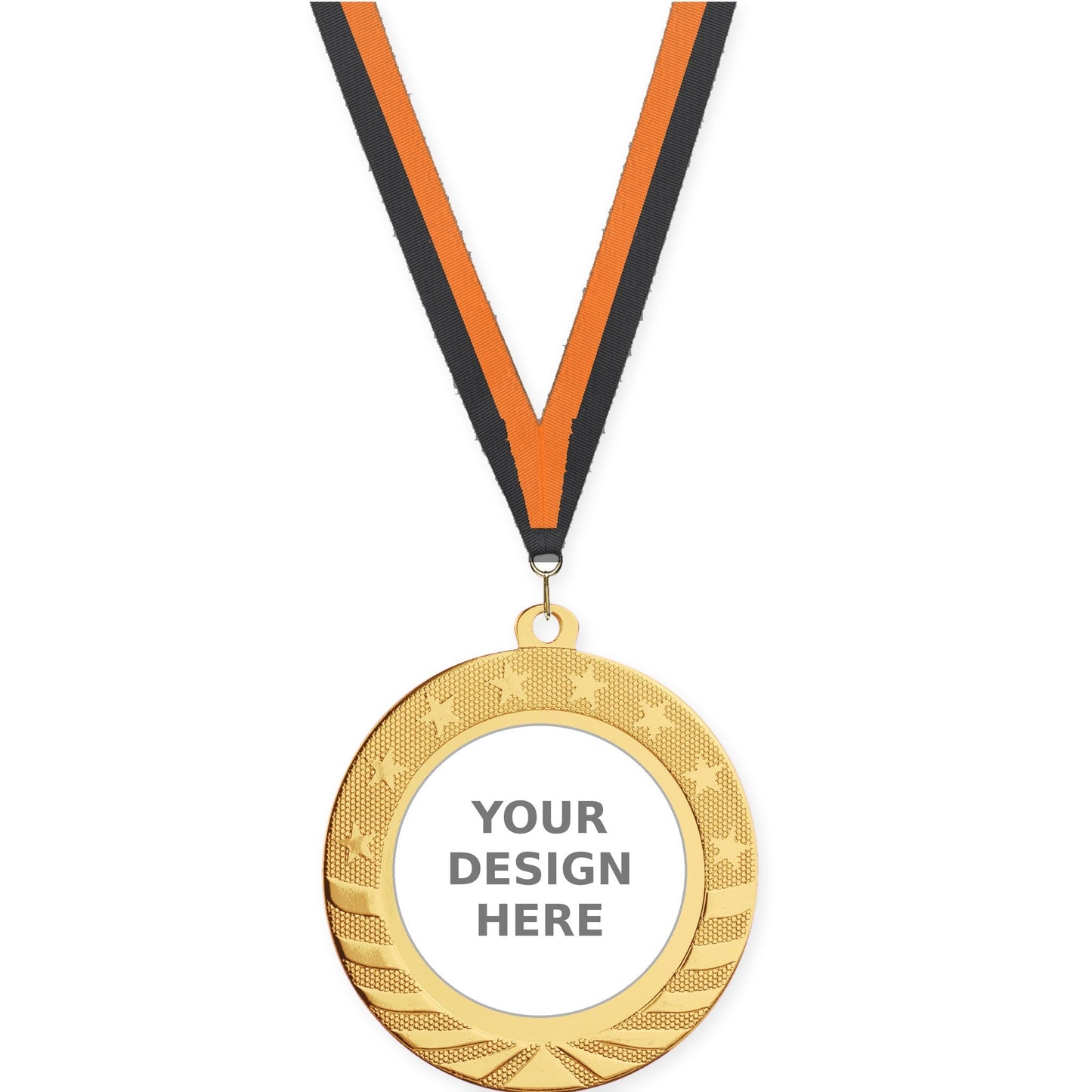2 3/4 inch Starbrite insert medal in bright gold with Black Orange neck ribbon