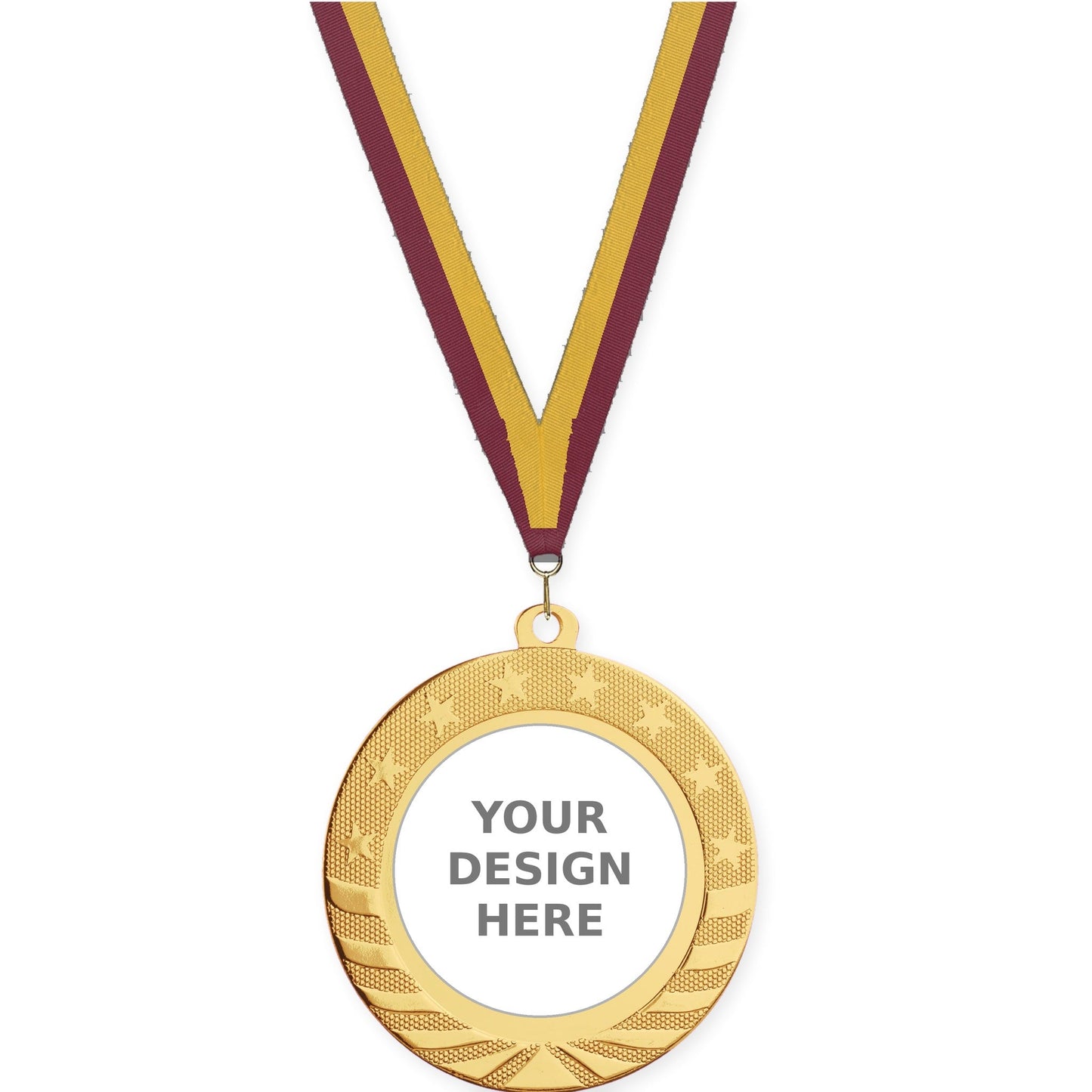 2 3/4 inch Starbrite insert medal in bright gold with Maroon Gold neck ribbon