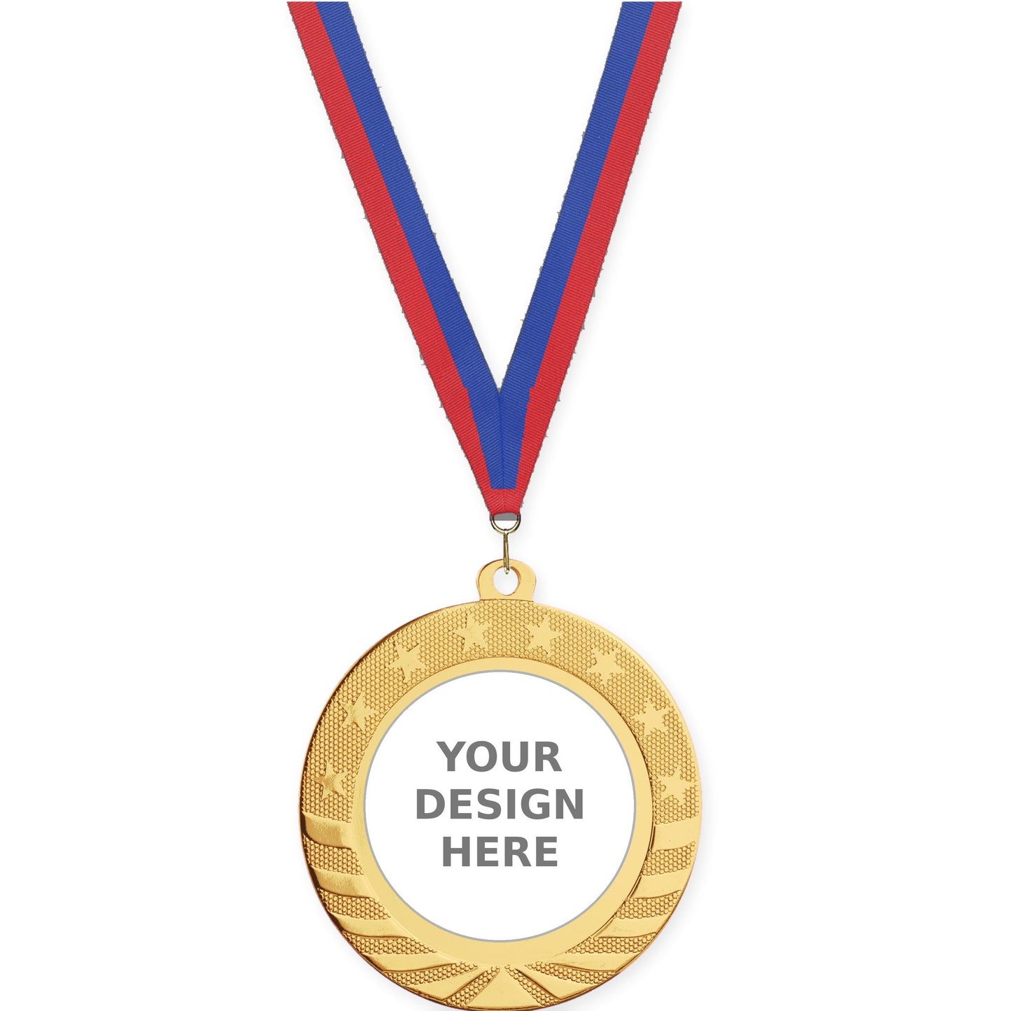 2 3/4 inch Starbrite insert medal in bright gold with Blue Red neck ribbon