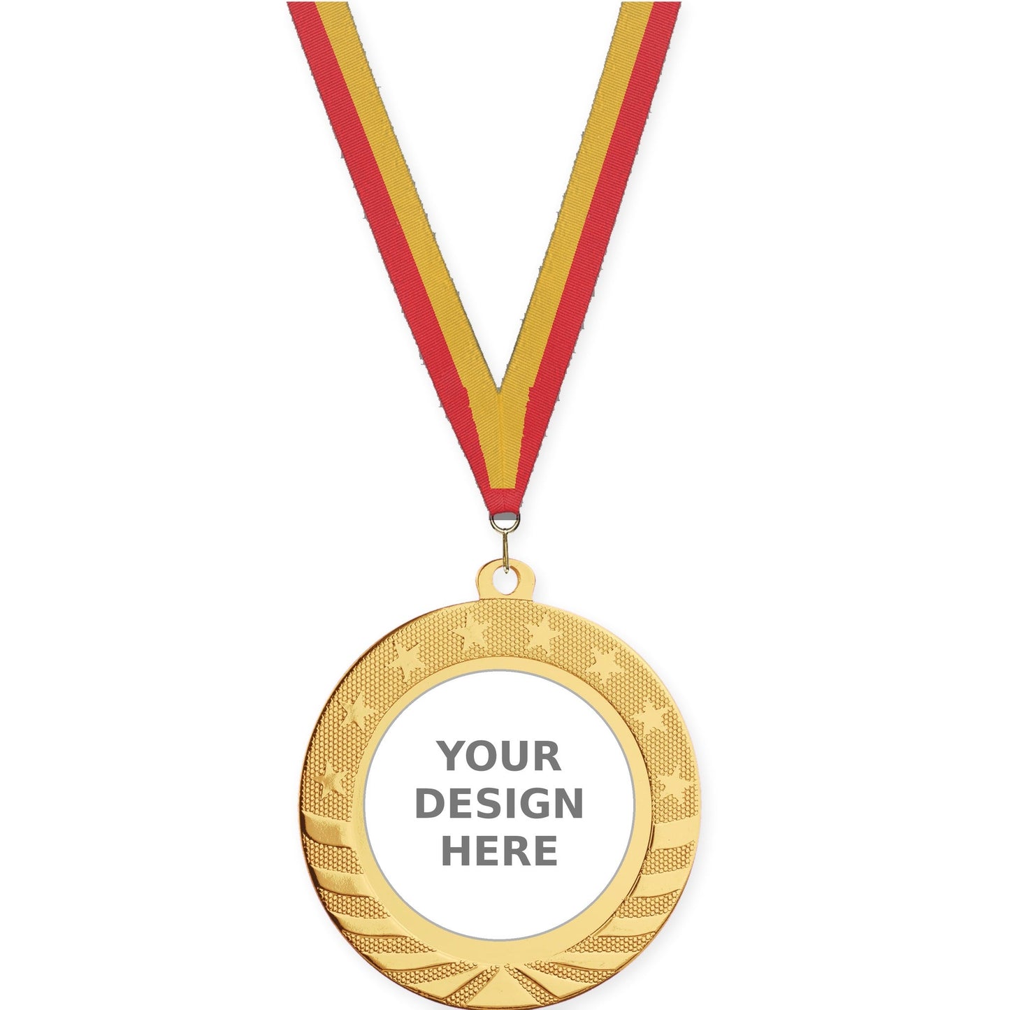 2 3/4 inch Starbrite insert medal in bright gold with Red Gold neck ribbon