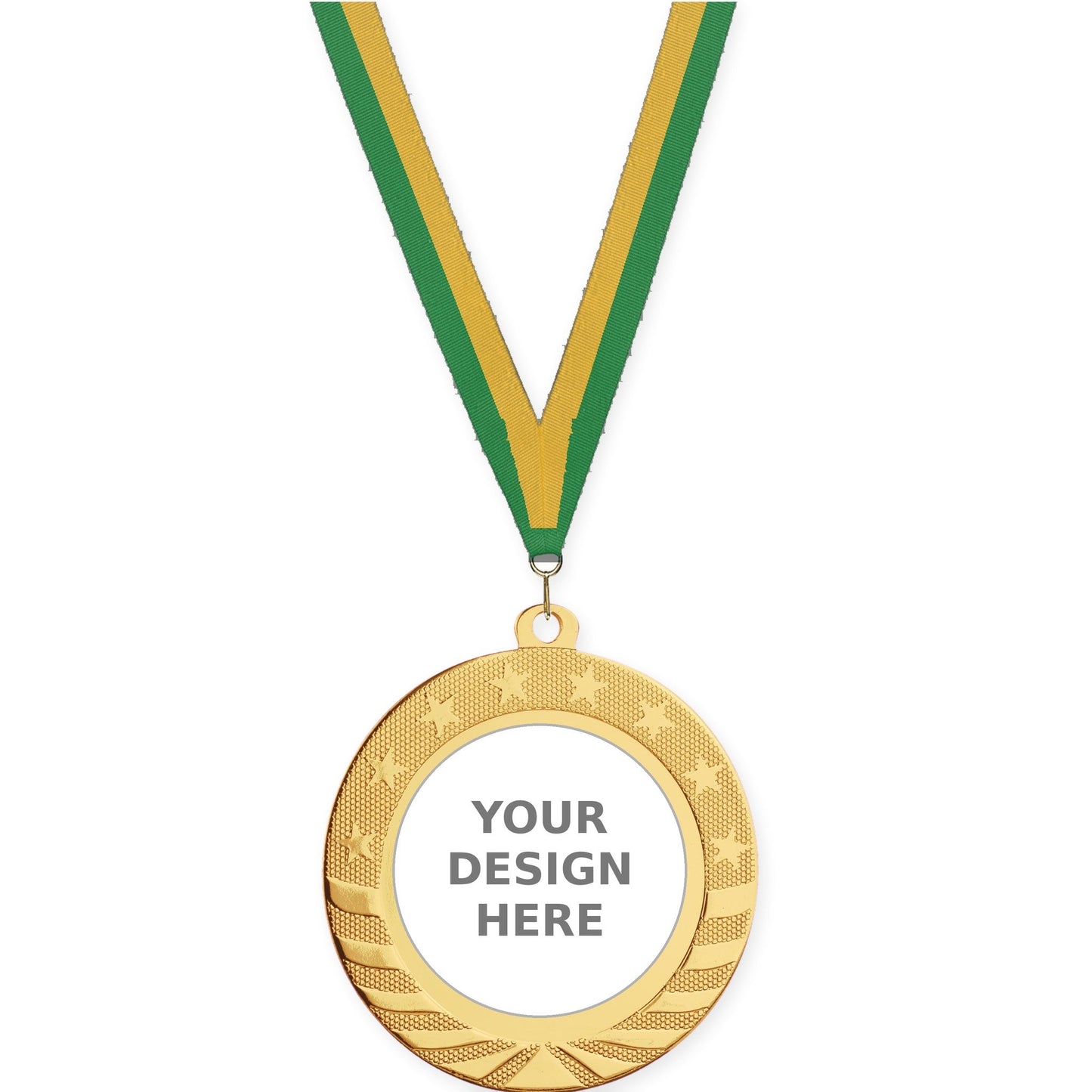 2 3/4 inch Starbrite insert medal in bright gold with Green Gold neck ribbon