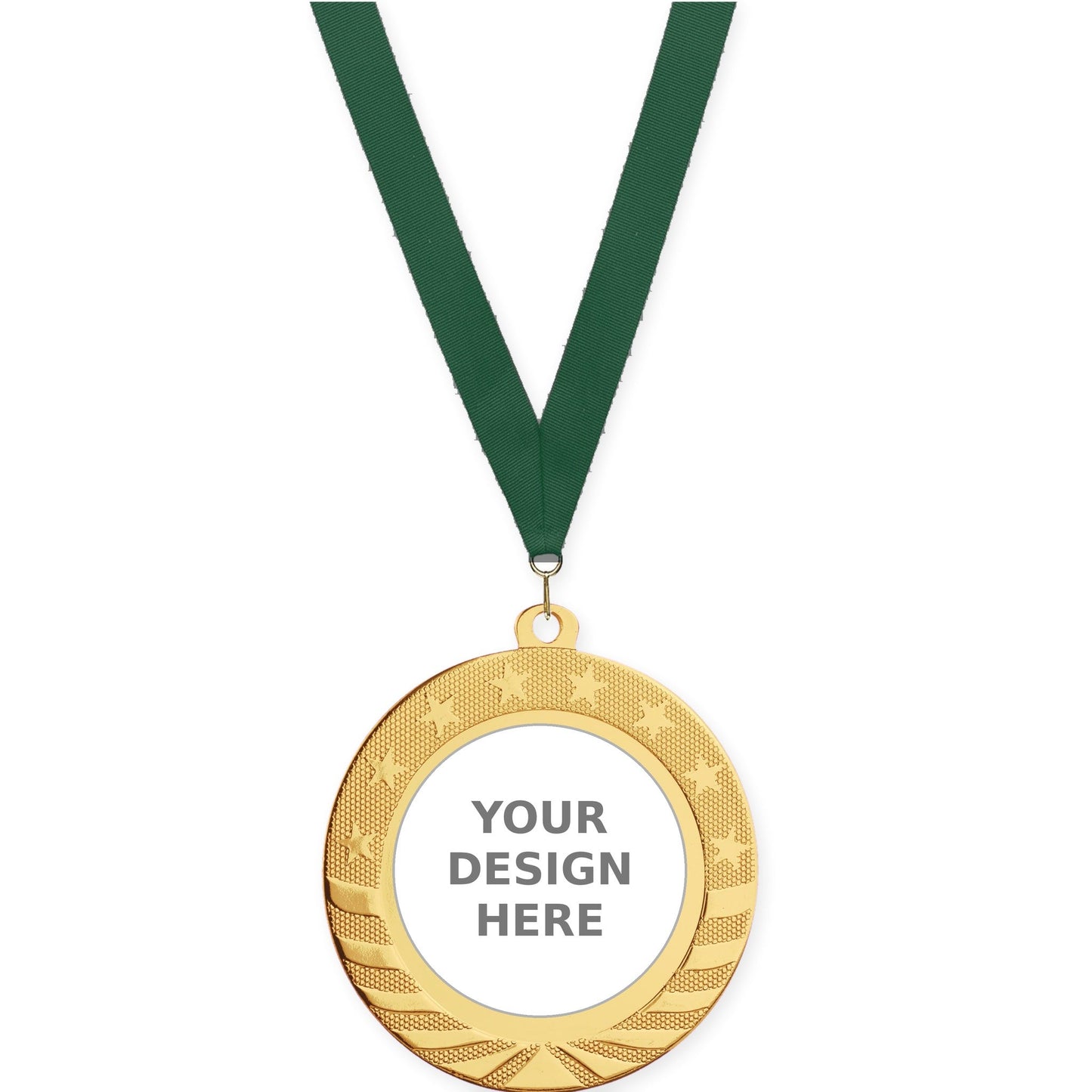 2 3/4 inch Starbrite insert medal in bright gold with Hunter Green neck ribbon
