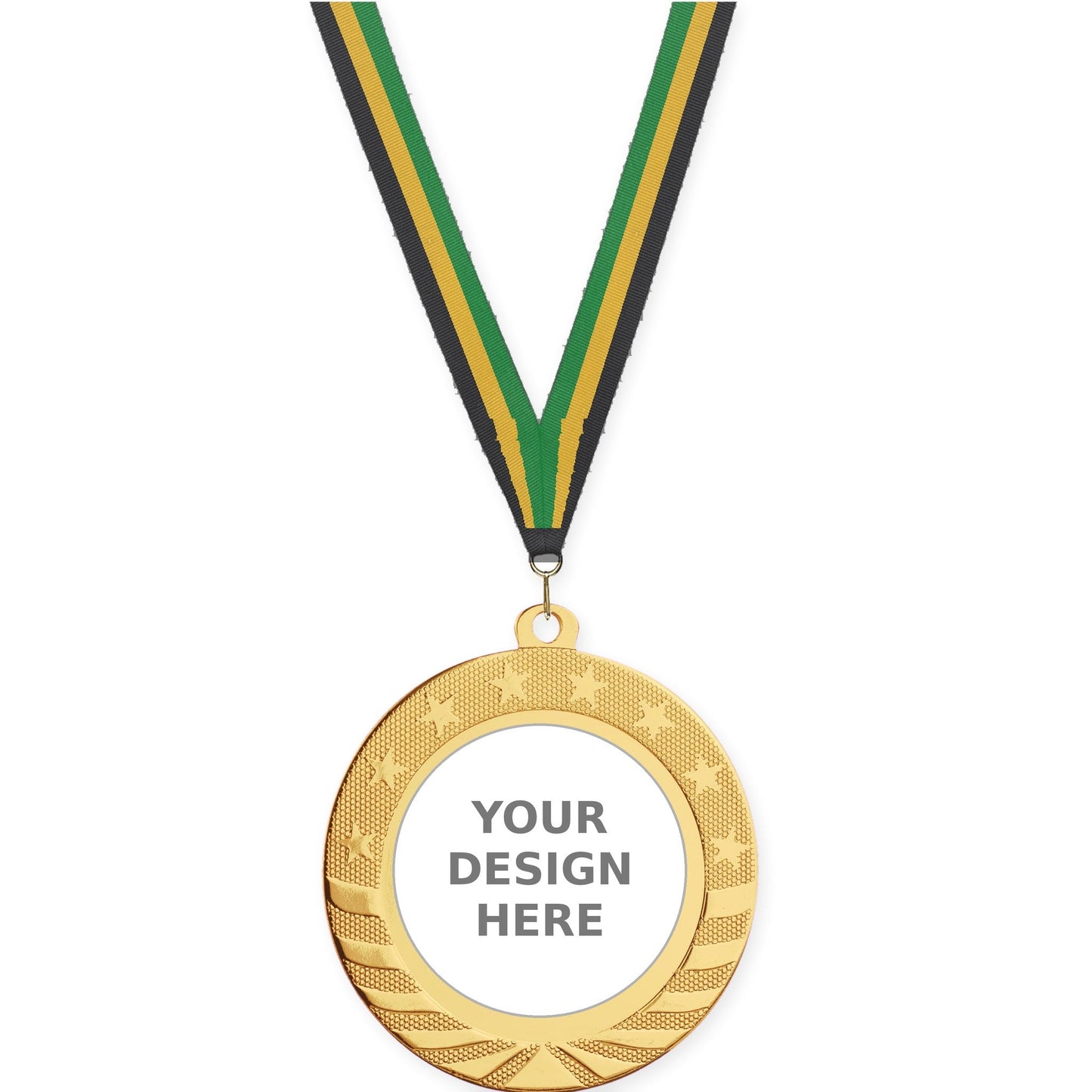 2 3/4 inch Starbrite insert medal in bright gold with Black Gold Green neck ribbon
