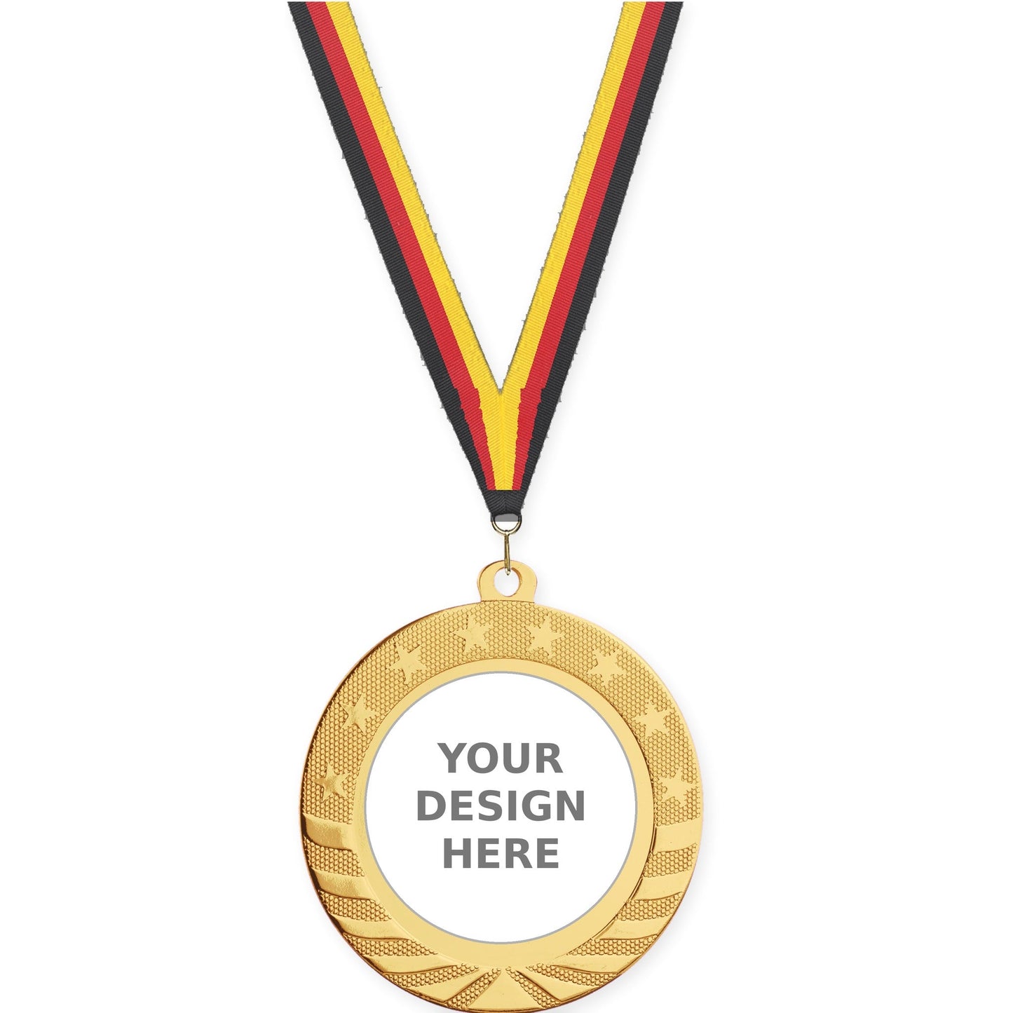 2 3/4 inch Starbrite insert medal in bright gold with Black Red Yellow neck ribbon