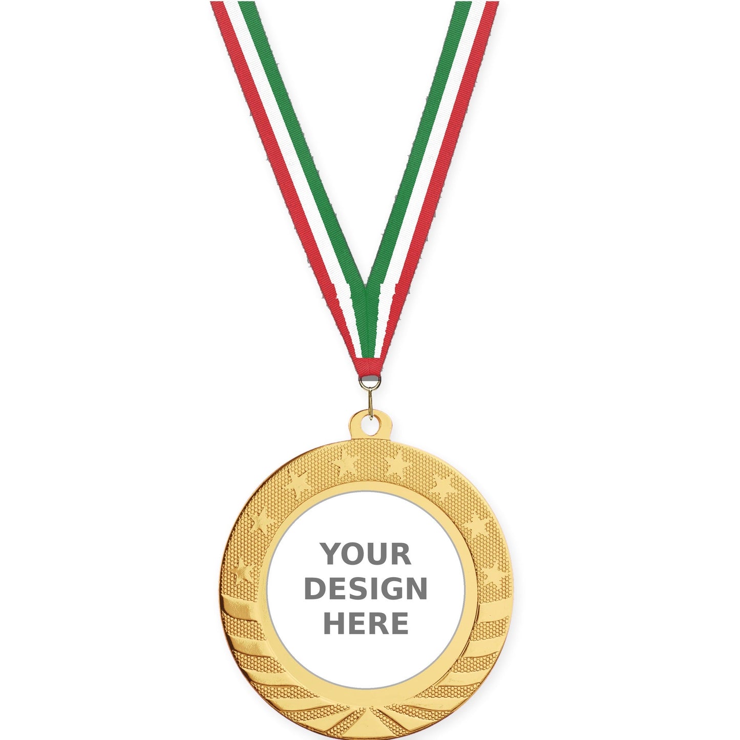 2 3/4 inch Starbrite insert medal in bright gold with Red White Green neck ribbon