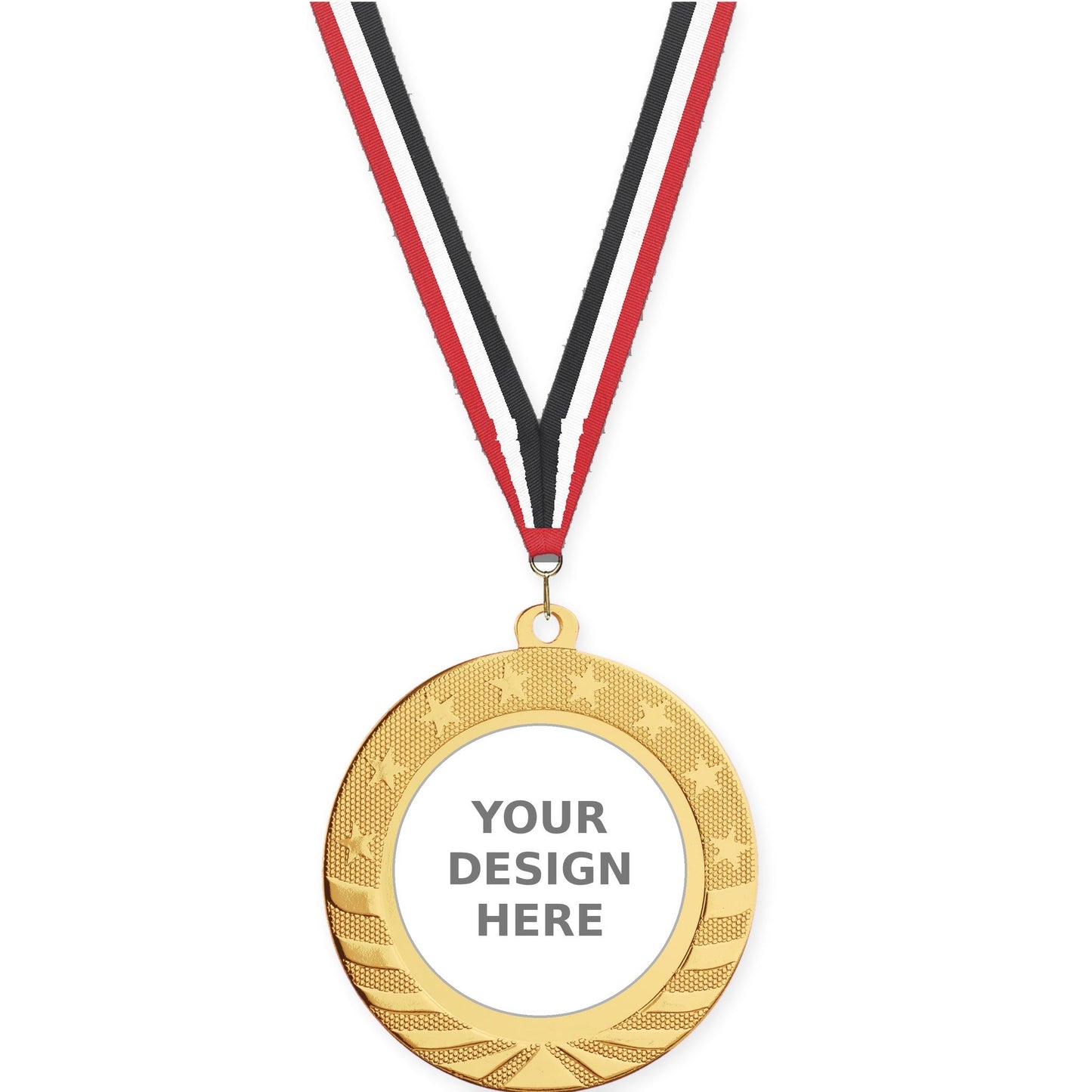 2 3/4 inch Starbrite insert medal in bright gold with Red White Black neck ribbon