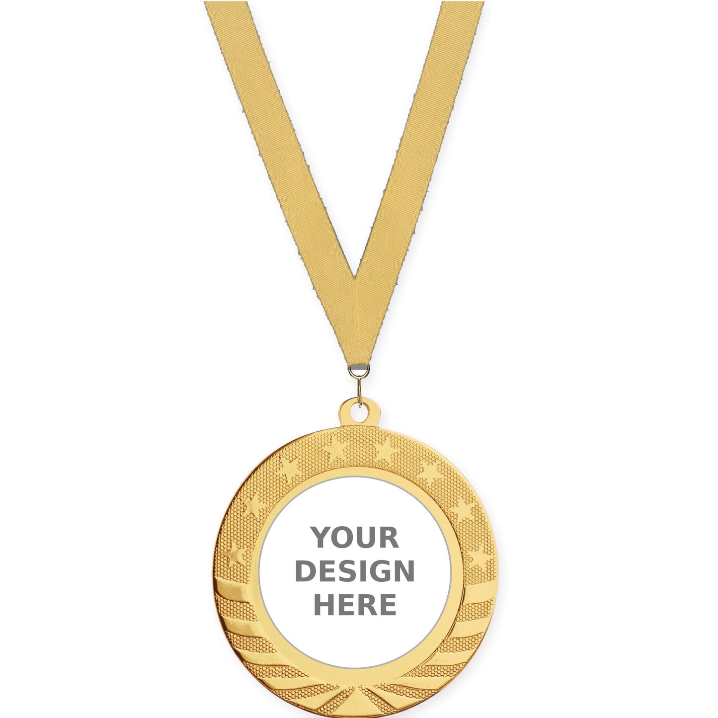 2 3/4 inch Starbrite insert medal in bright gold with Gold Metallic neck ribbon