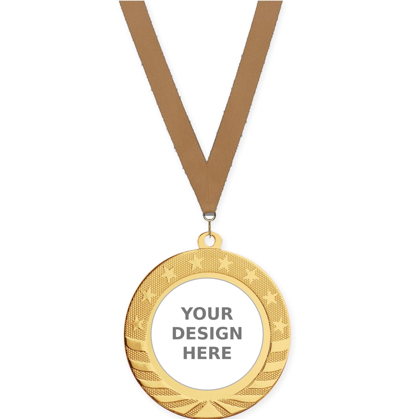 2 3/4 inch Starbrite insert medal in bright gold with Bronze Metallic neck ribbon