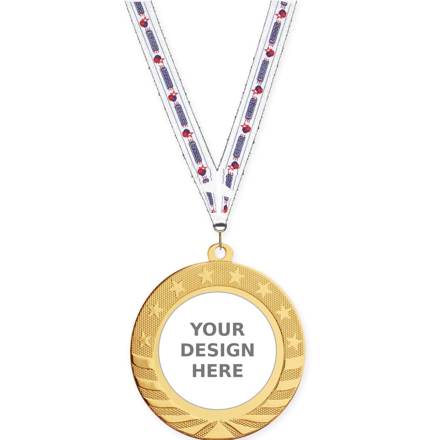 2 3/4 inch Starbrite insert medal in bright gold with Cheerleading neck ribbon
