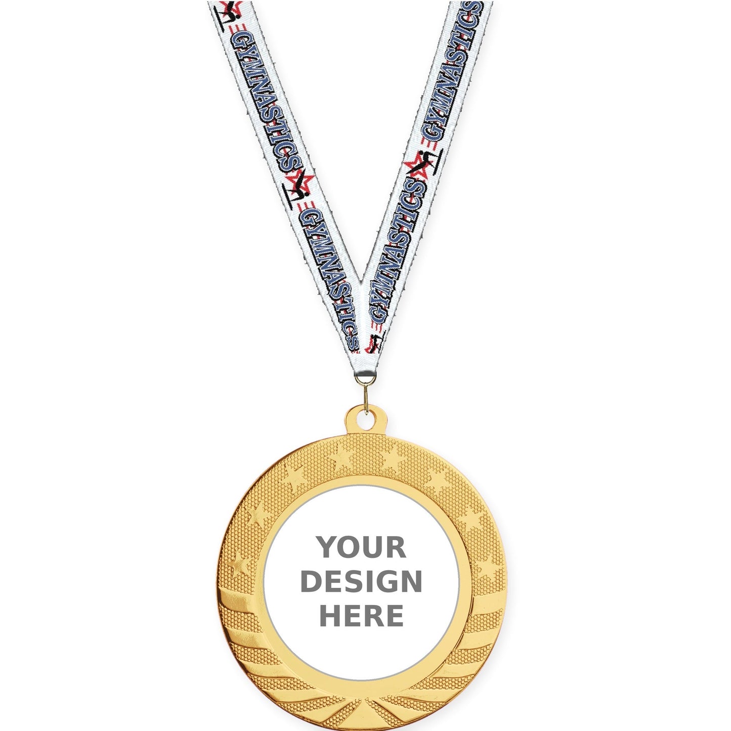 2 3/4 inch Starbrite insert medal in bright gold with Gymnastics neck ribbon