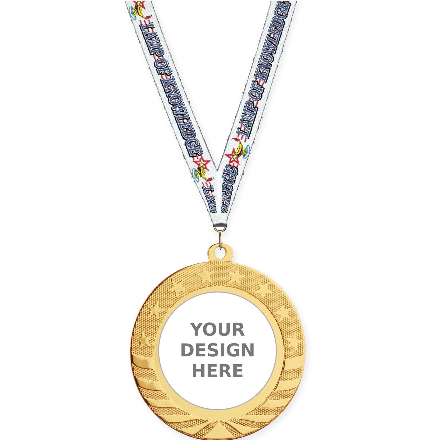 2 3/4 inch Starbrite insert medal in bright gold with Lamp Of Knowledge neck ribbon
