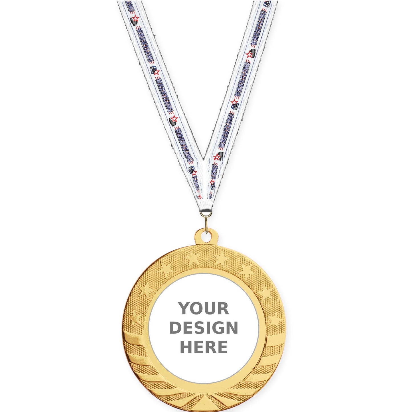 2 3/4 inch Starbrite insert medal in bright gold with Wrestling neck ribbon