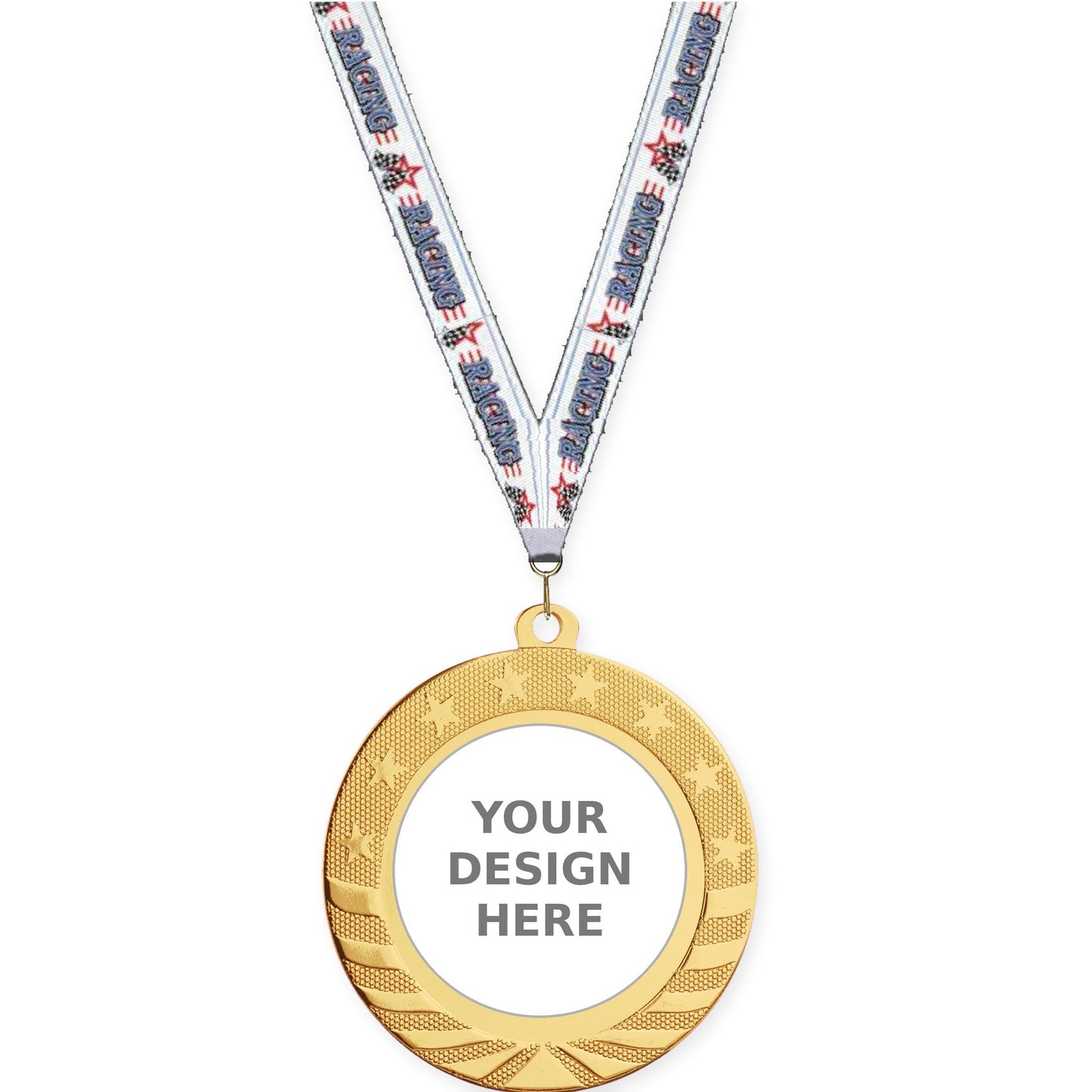 2 3/4 inch Starbrite insert medal in bright gold with Auto Racing neck ribbon
