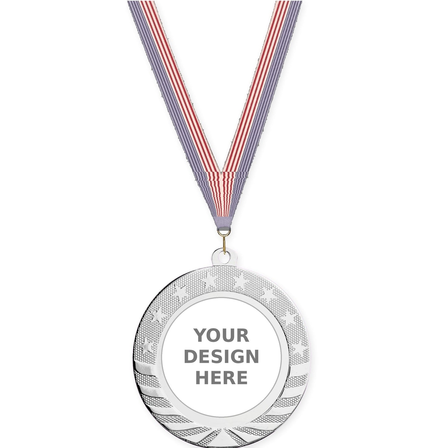 2 3/4 inch Starbrite insert medal in bright silver with USA Flag neck ribbon