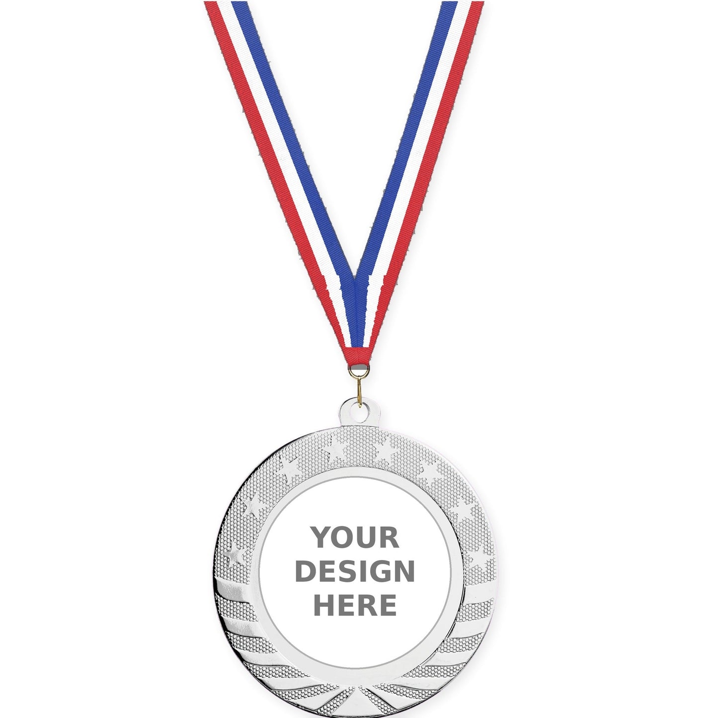 2 3/4 inch Starbrite insert medal in bright silver with Red White Blue neck ribbon
