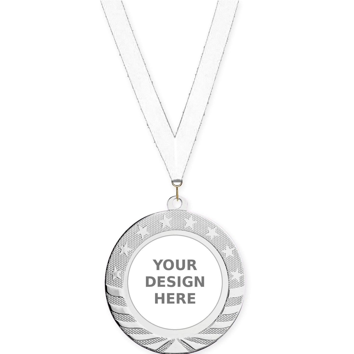 2 3/4 inch Starbrite insert medal in bright silver with White neck ribbon