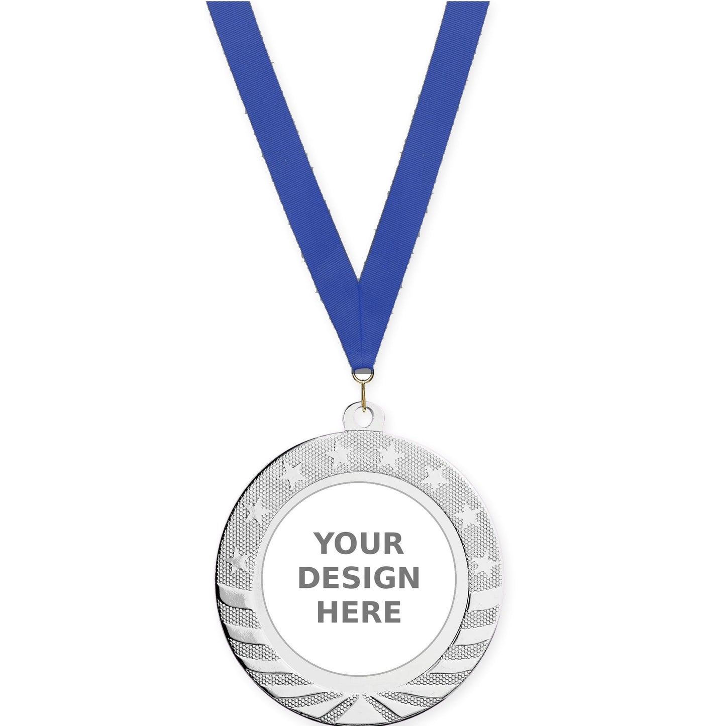 2 3/4 inch Starbrite insert medal in bright silver with Blue neck ribbon