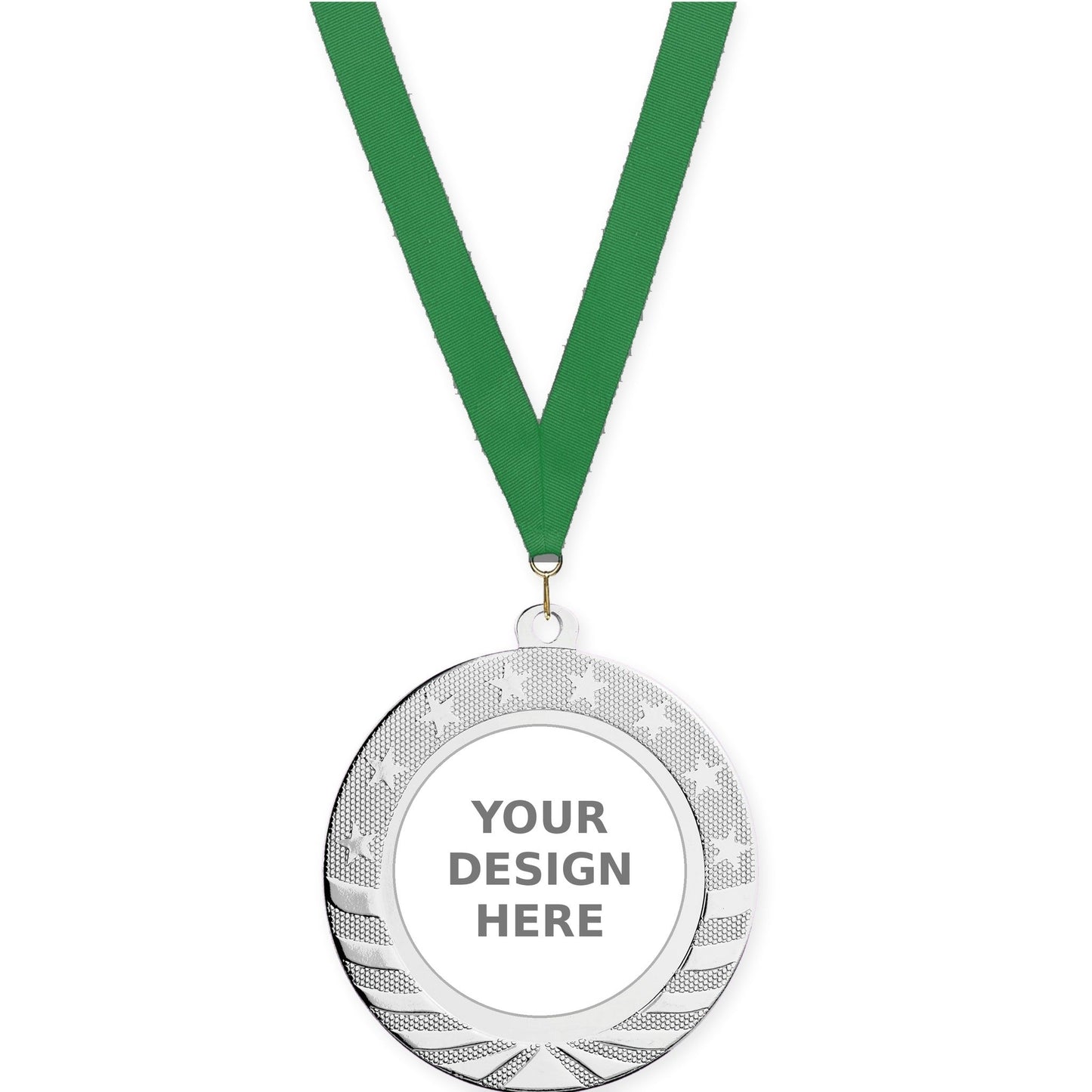 2 3/4 inch Starbrite insert medal in bright silver with Green neck ribbon