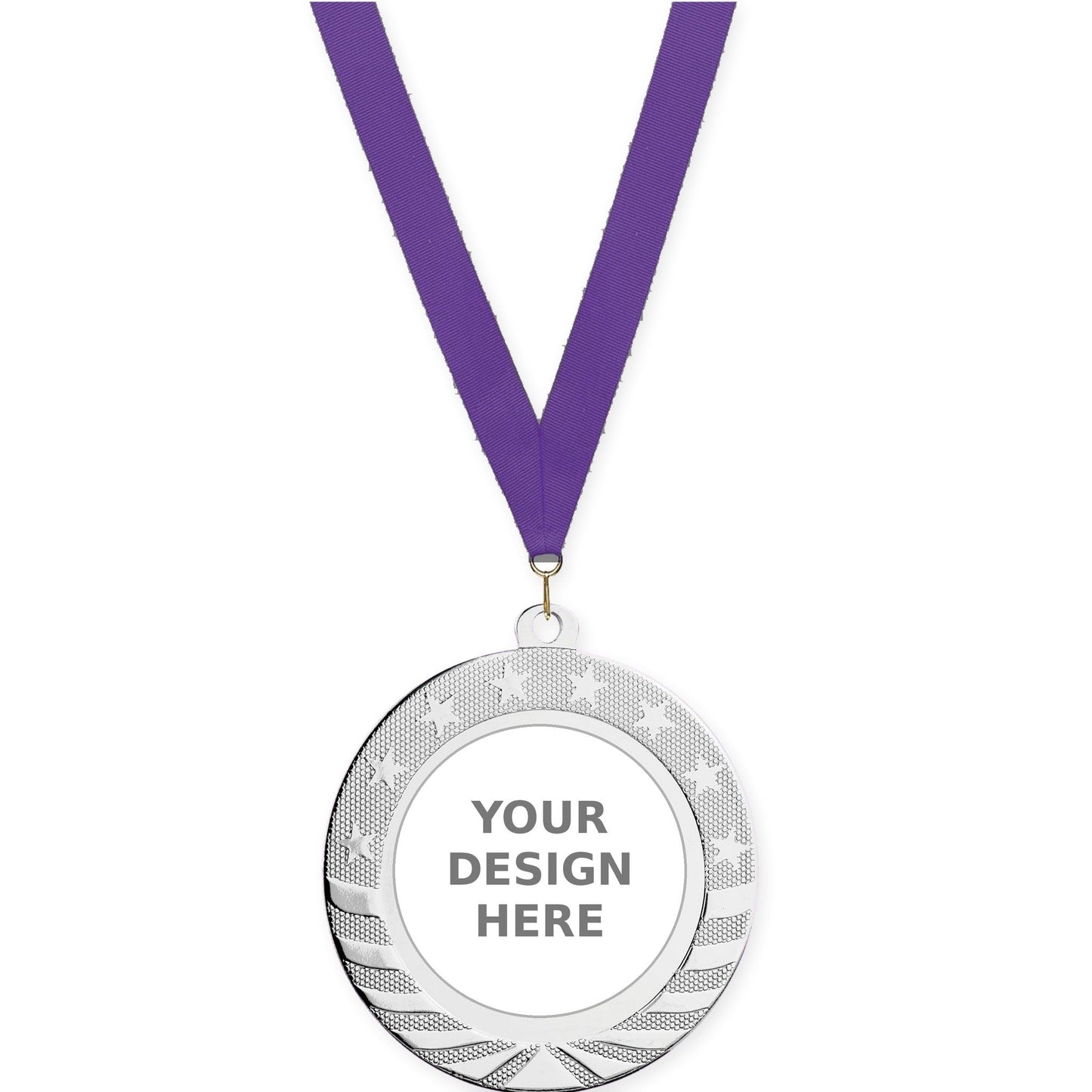 2 3/4 inch Starbrite insert medal in bright silver with Purple neck ribbon