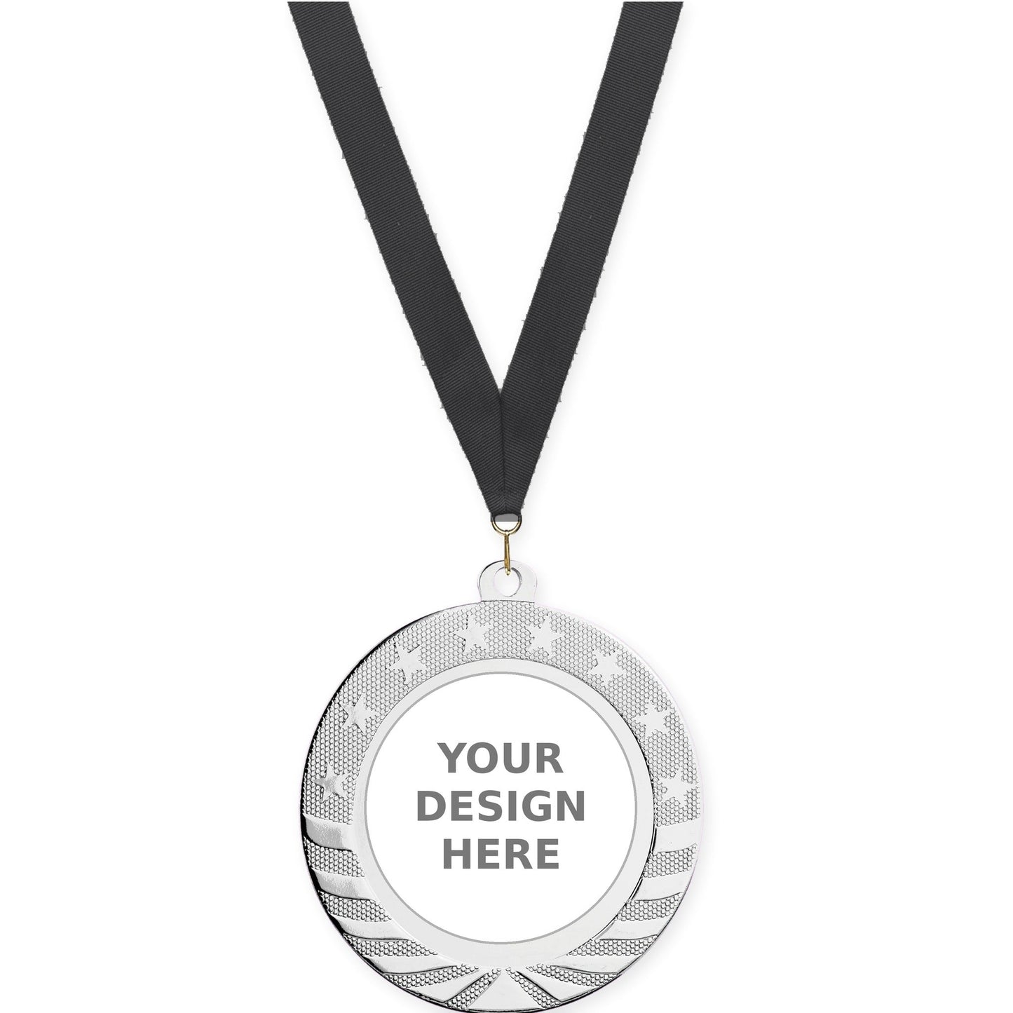 2 3/4 inch Starbrite insert medal in bright silver with Black neck ribbon