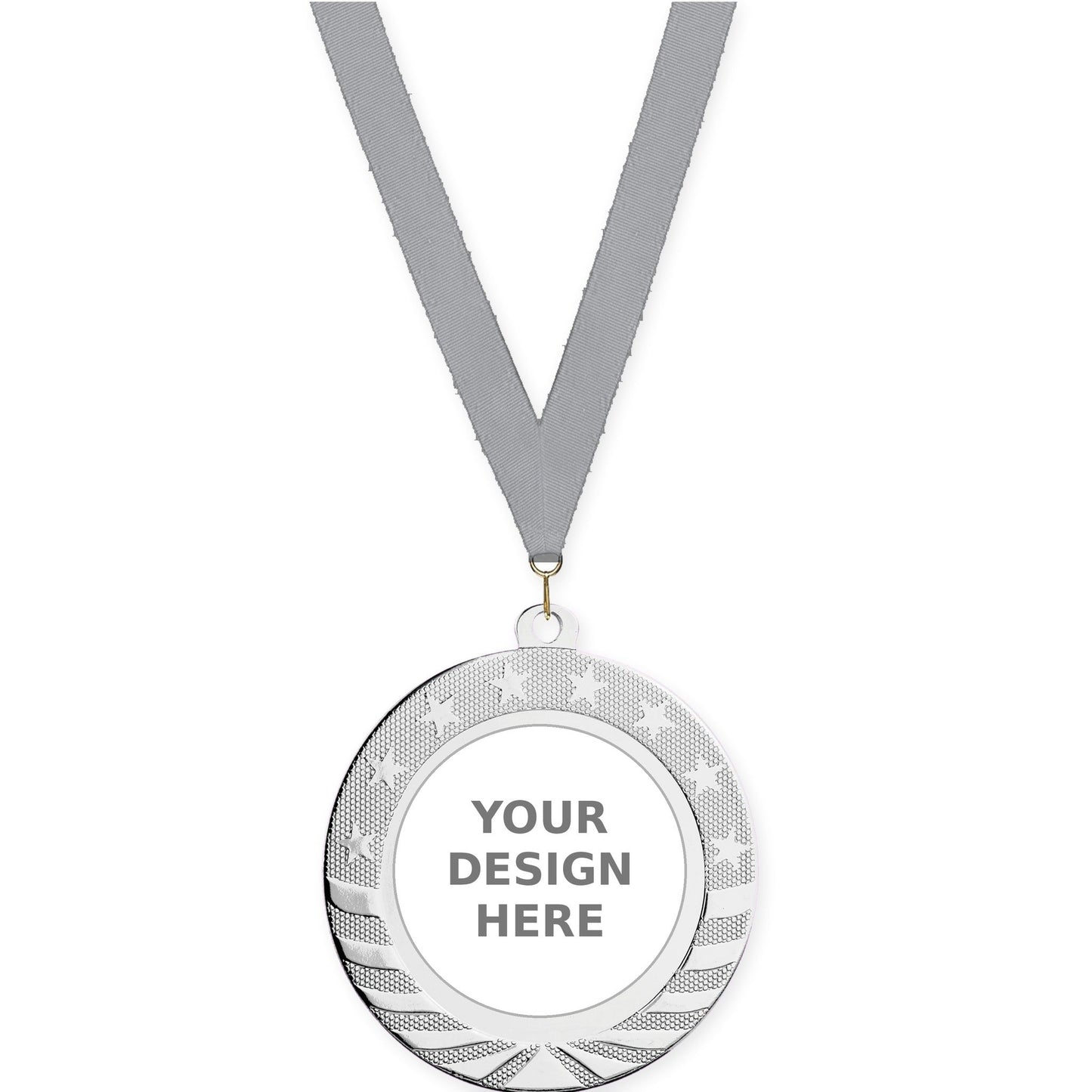 2 3/4 inch Starbrite insert medal in bright silver with Gray neck ribbon