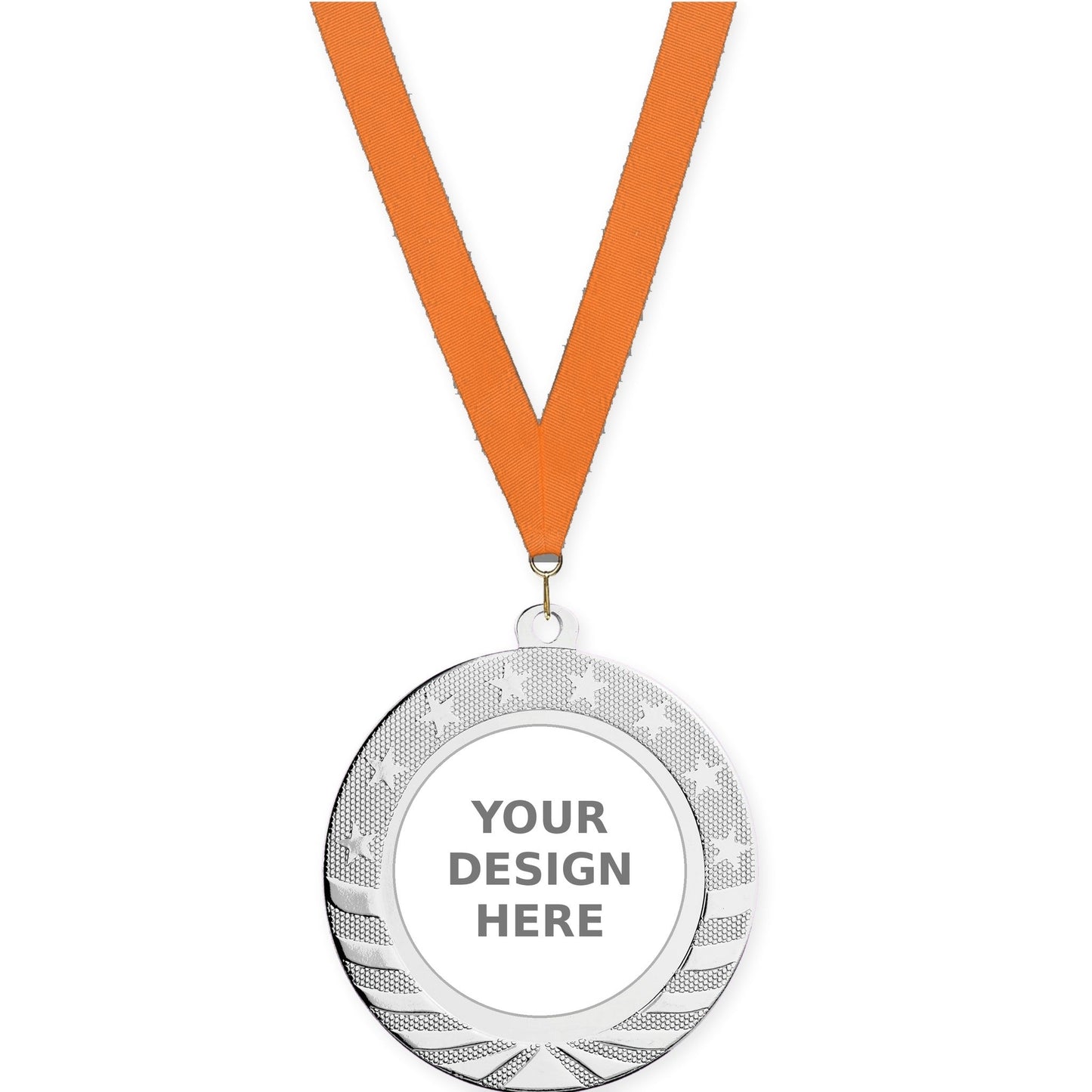 2 3/4 inch Starbrite insert medal in bright silver with Orange neck ribbon