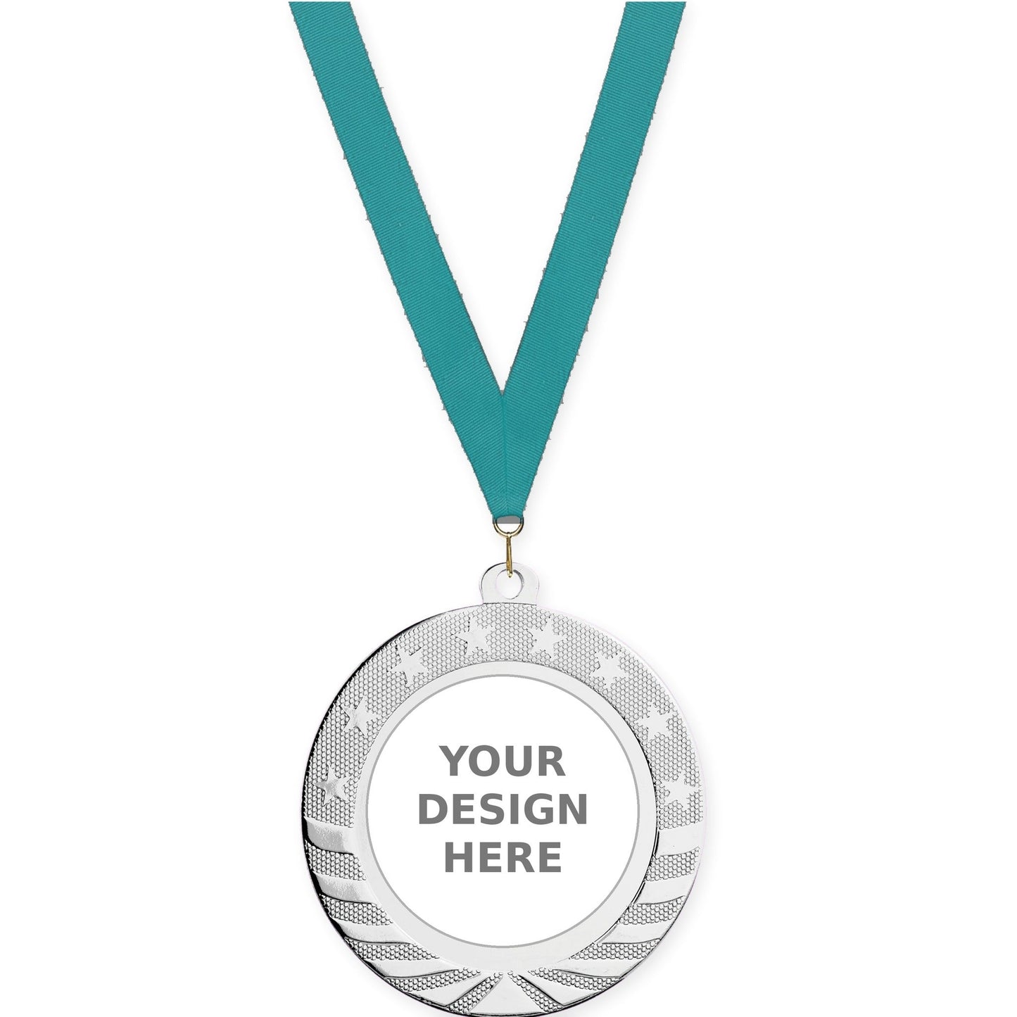 2 3/4 inch Starbrite insert medal in bright silver with Teal neck ribbon