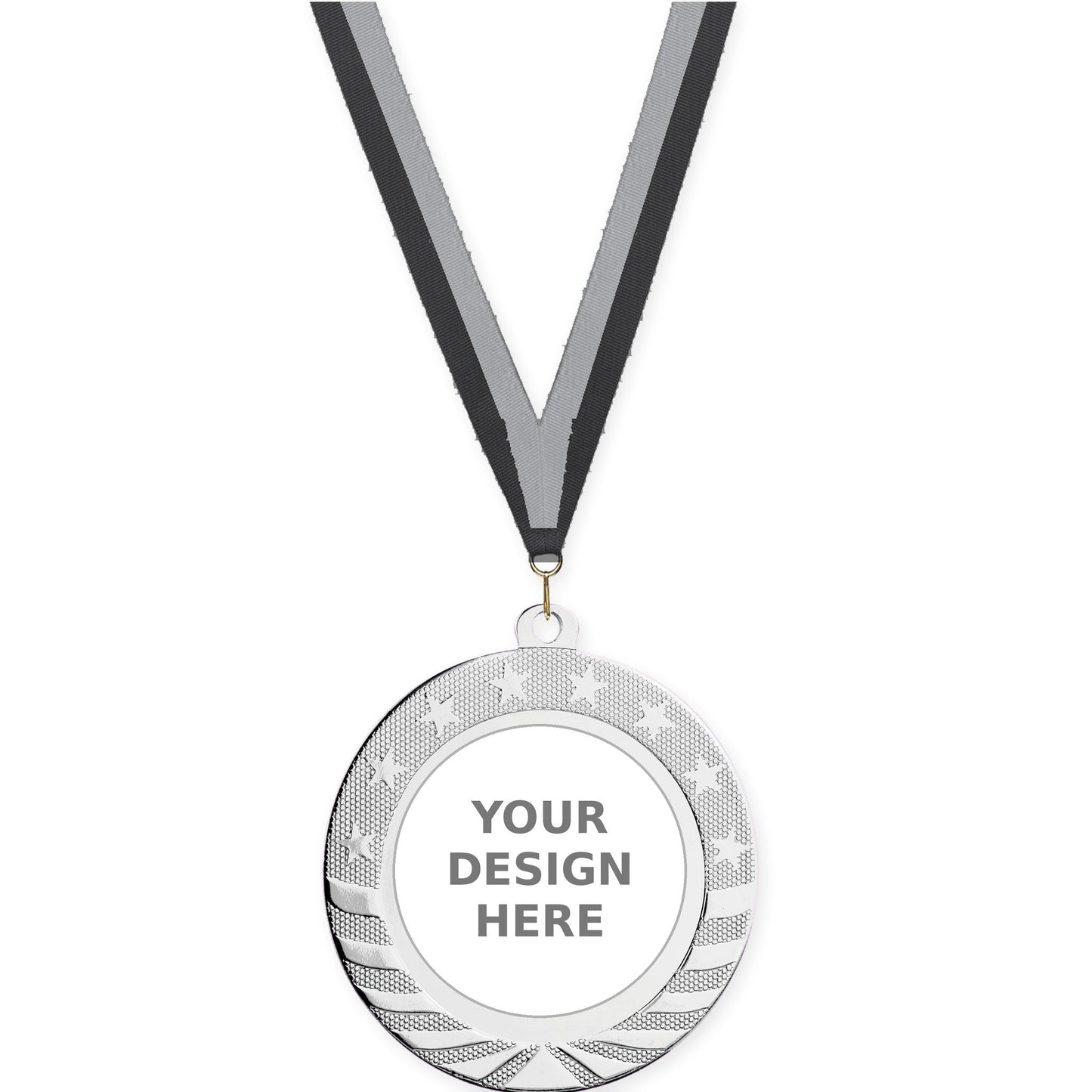 2 3/4 inch Starbrite insert medal in bright silver with Black Gray neck ribbon