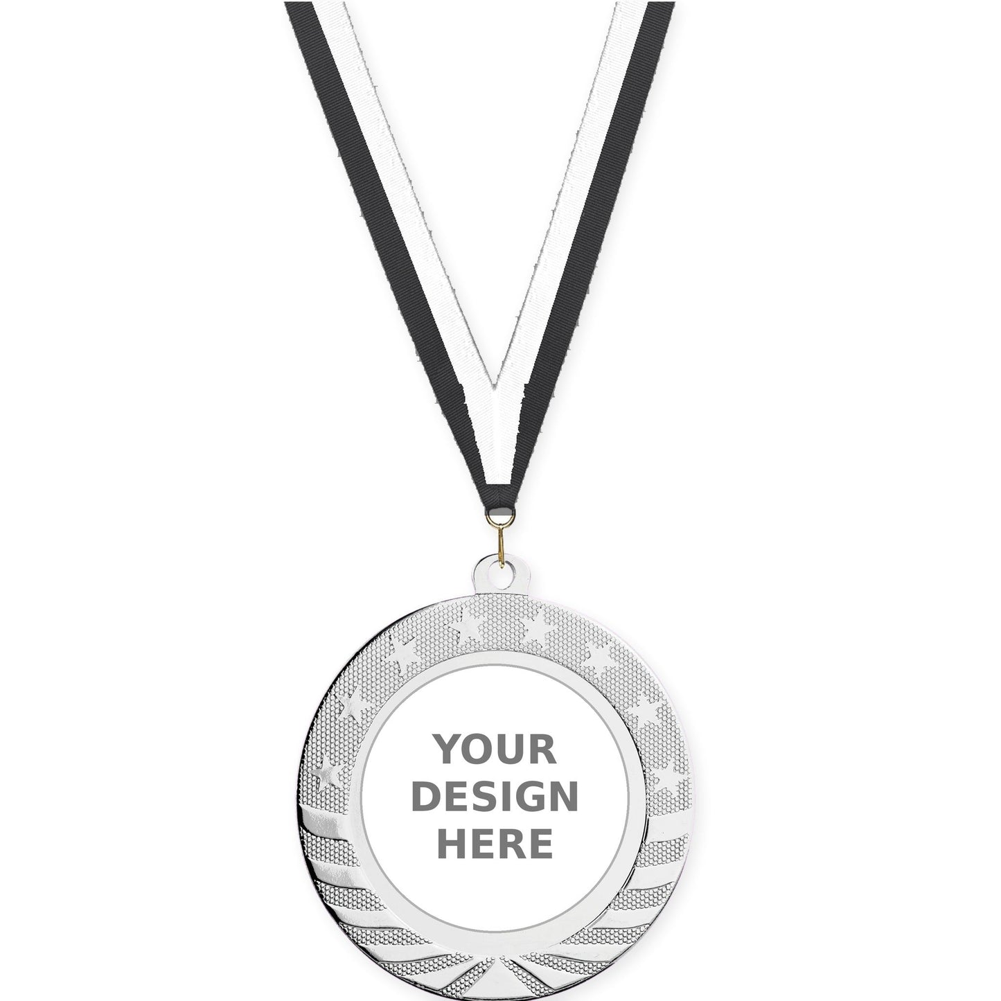 2 3/4 inch Starbrite insert medal in bright silver with Black White neck ribbon