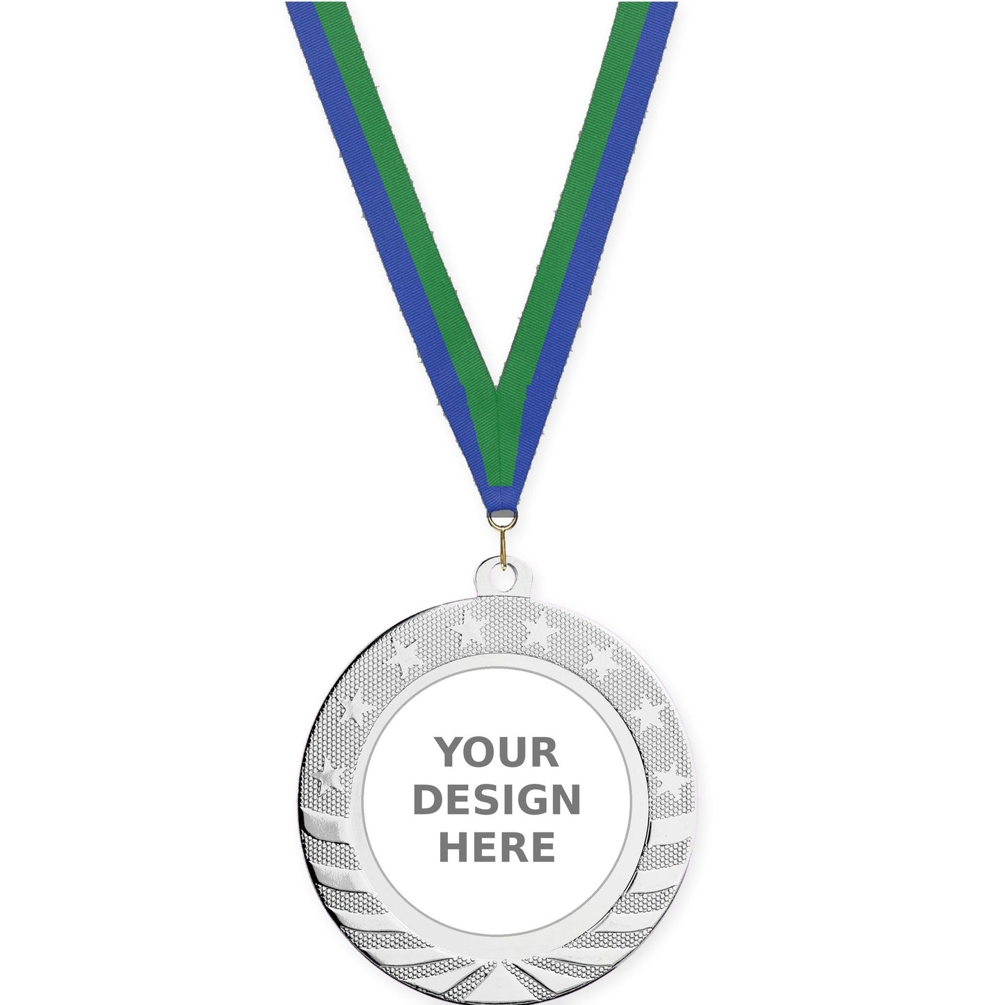 2 3/4 inch Starbrite insert medal in bright silver with Blue Green neck ribbon