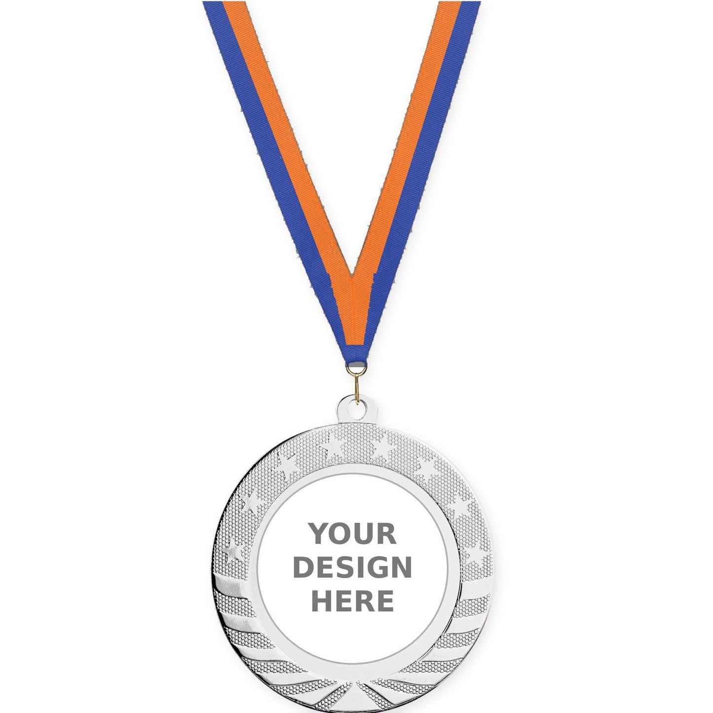 2 3/4 inch Starbrite insert medal in bright silver with Blue Orange neck ribbon