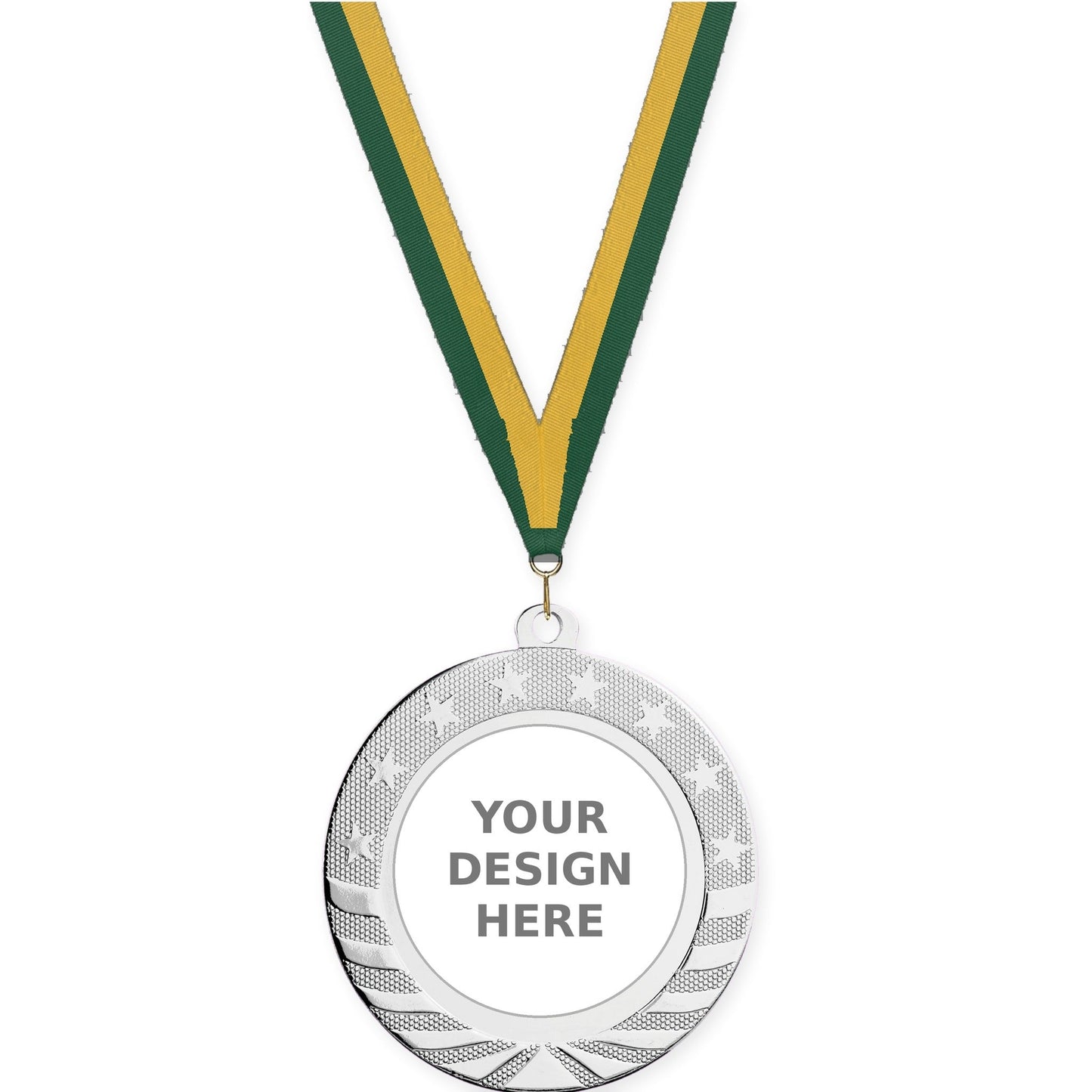 2 3/4 inch Starbrite insert medal in bright silver with Hunter Green Gold neck ribbon