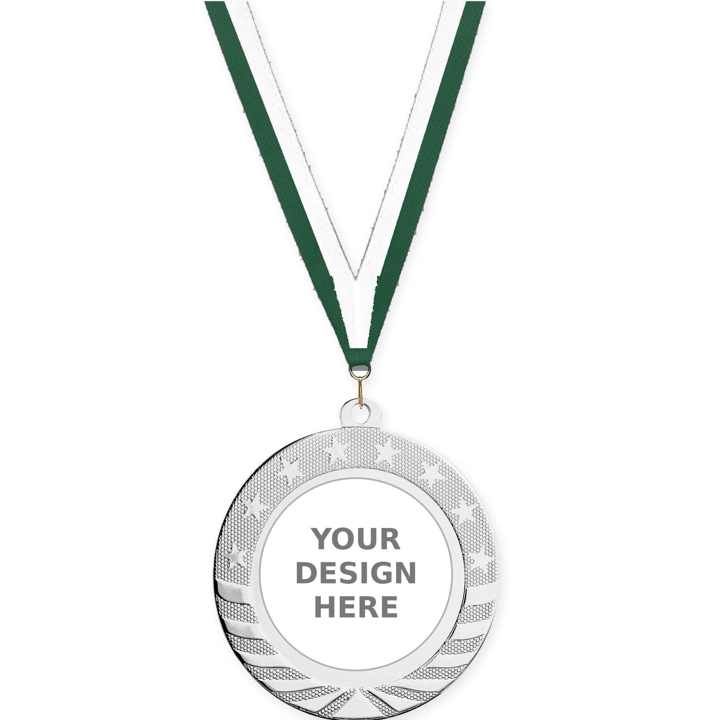 2 3/4 inch Starbrite insert medal in bright silver with Hunter Green White neck ribbon