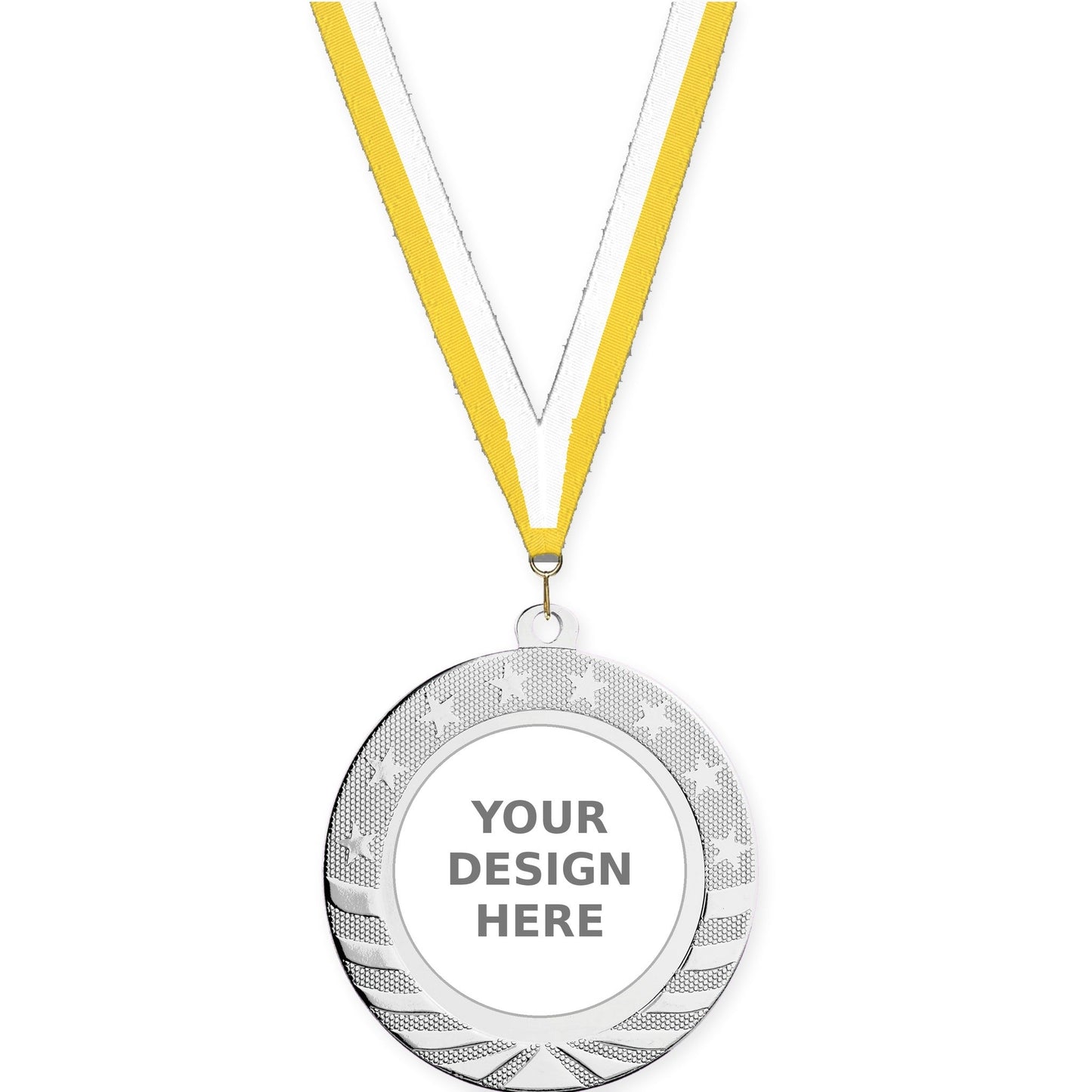 2 3/4 inch Starbrite insert medal in bright silver with Yellow White neck ribbon