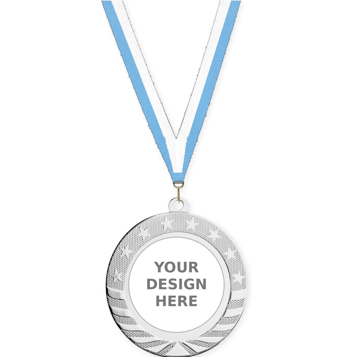 2 3/4 inch Starbrite insert medal in bright silver with Light Blue White neck ribbon